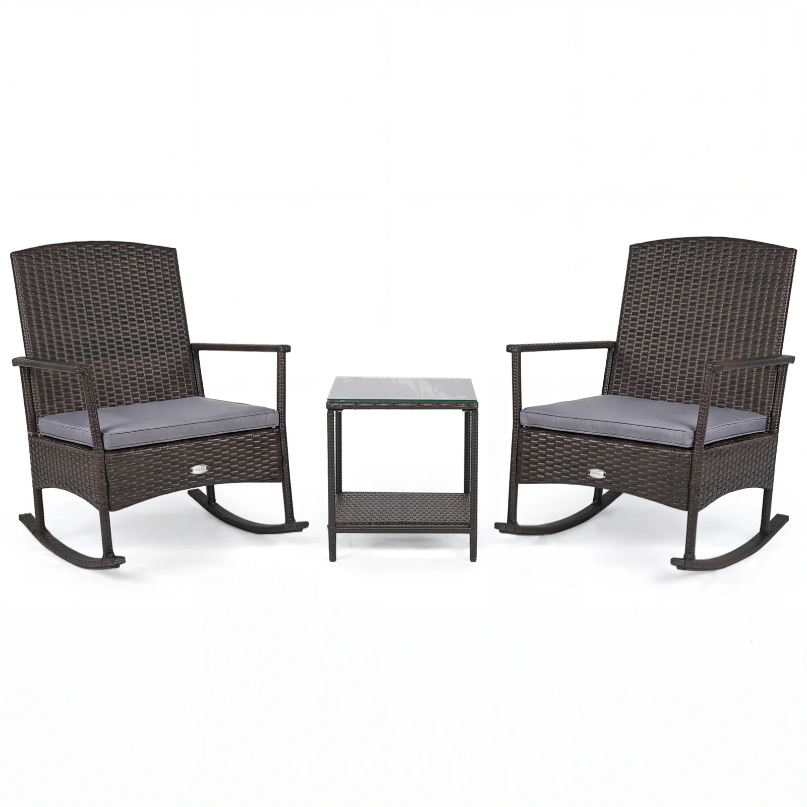 3 Piece Patio Rocking Set, Wicker Chairs, 2-Tier Coffee Table, Gray