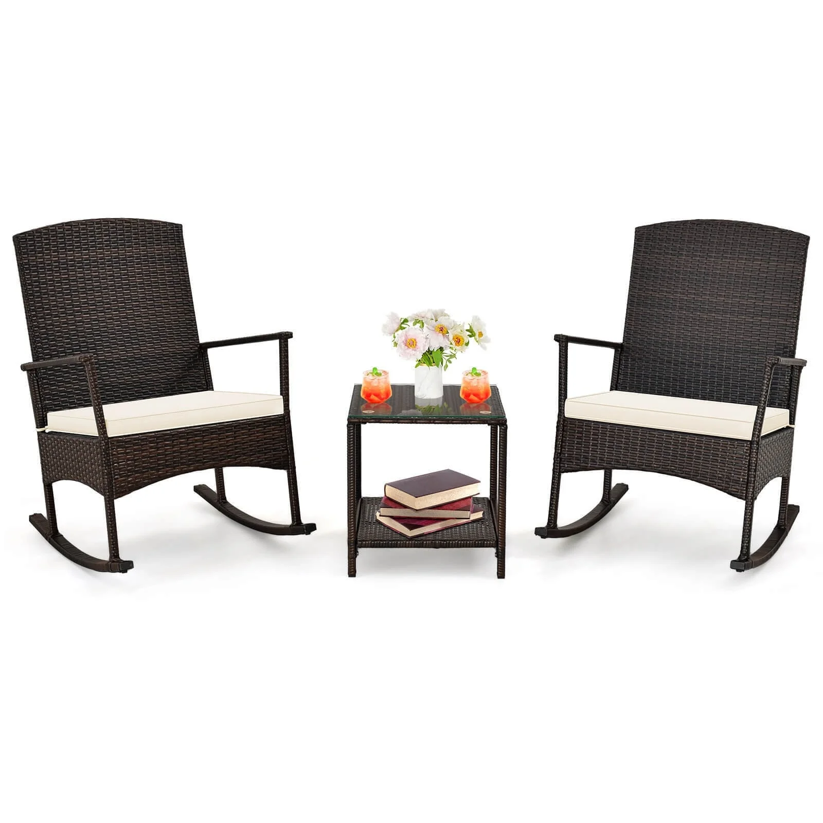 3 Piece Patio Rocking Set, Wicker Chairs, 2-Tier Coffee Table, Off White