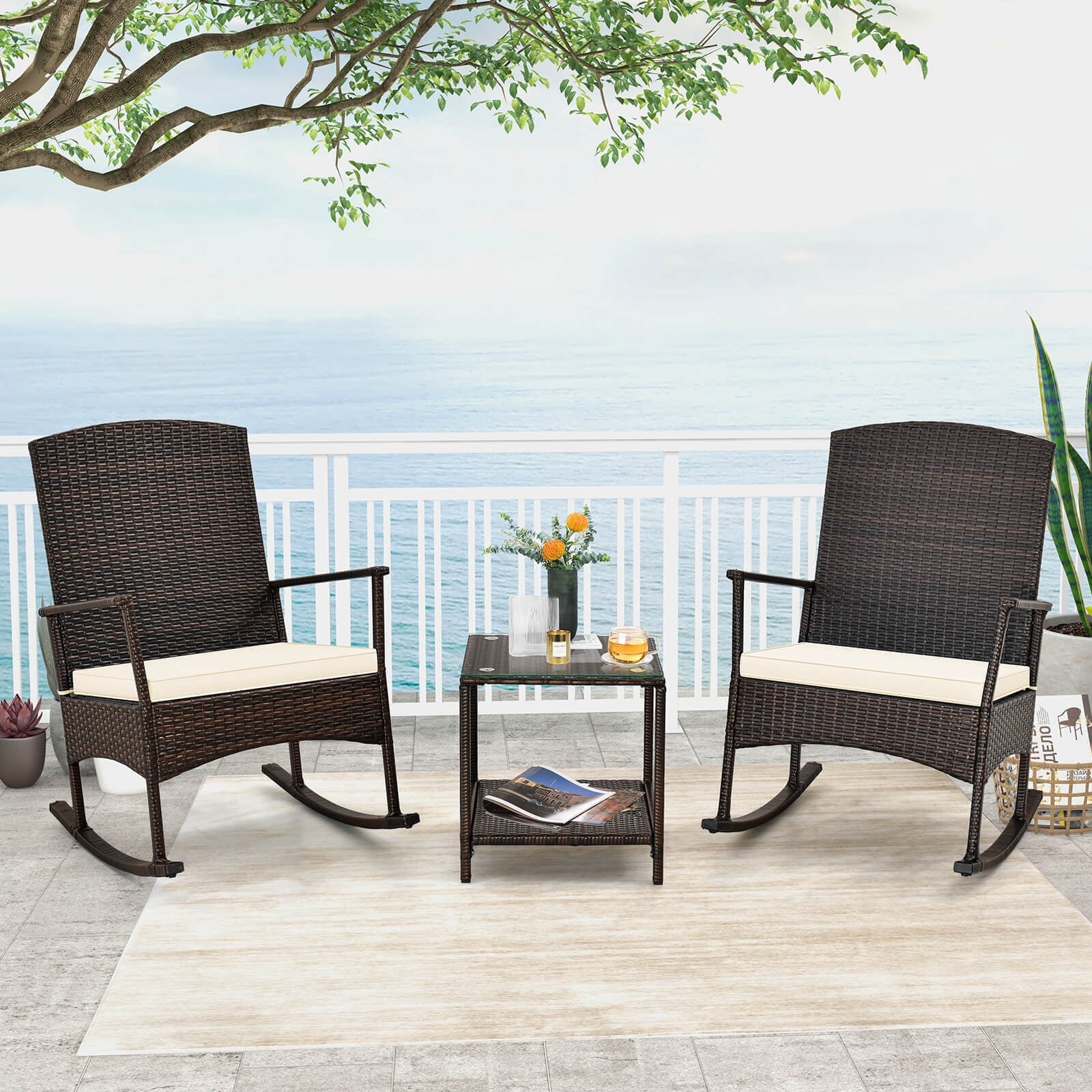 3 Piece Patio Rocking Set, Wicker Chairs, 2-Tier Coffee Table, Off White - Image 2
