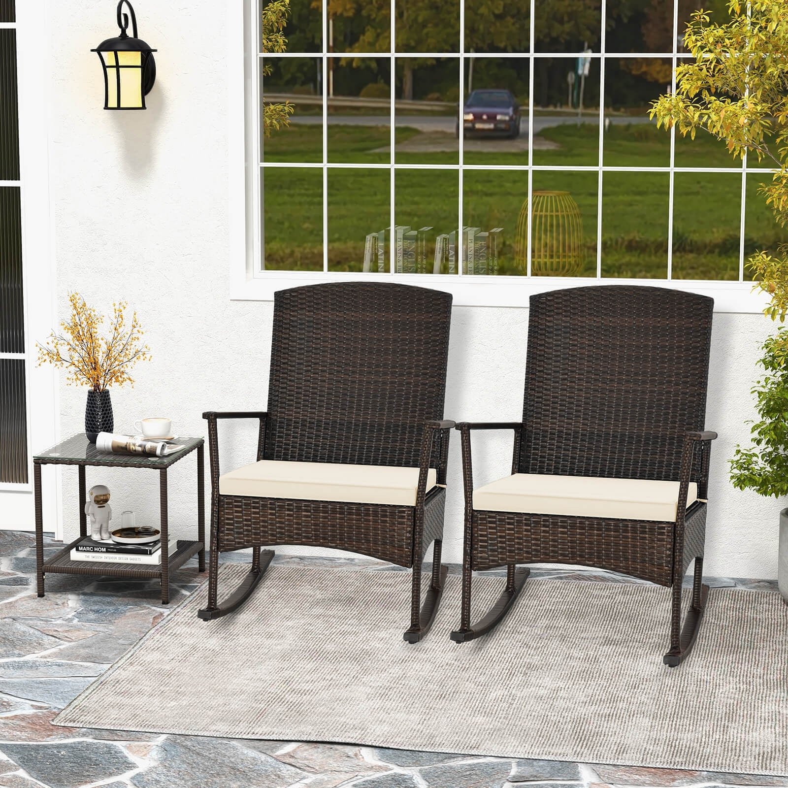 3 Piece Patio Rocking Set, Wicker Chairs, 2-Tier Coffee Table, Off White - Image 3