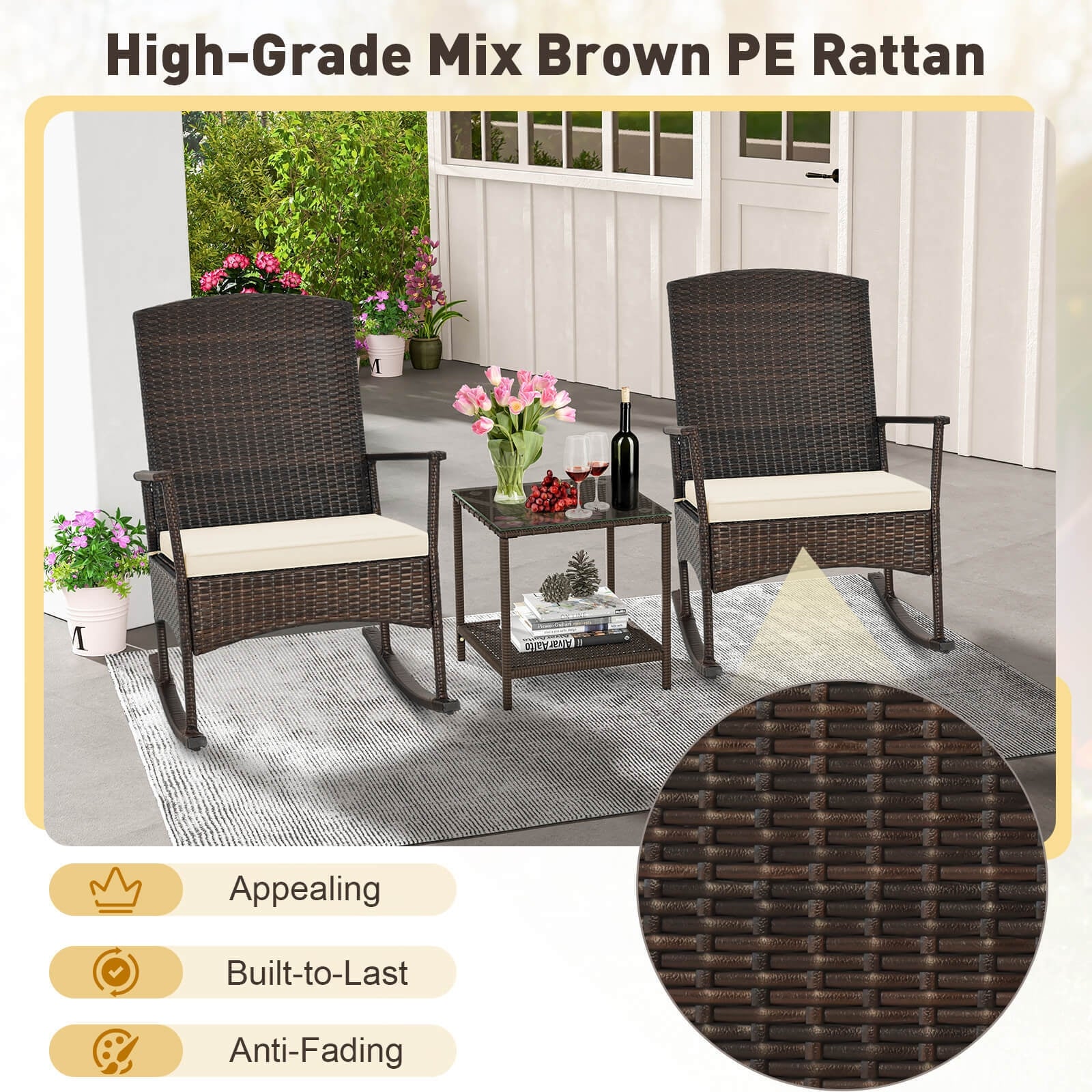 3 Piece Patio Rocking Set, Wicker Chairs, 2-Tier Coffee Table, Off White - Image 8