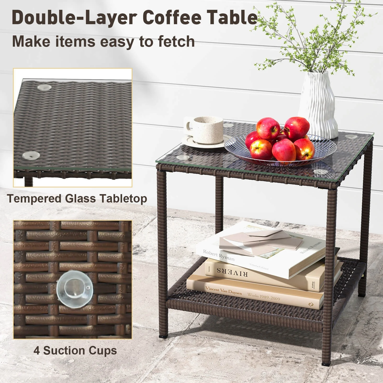 3 Piece Patio Rocking Set, Wicker Chairs, 2-Tier Coffee Table, Off White - Image 9