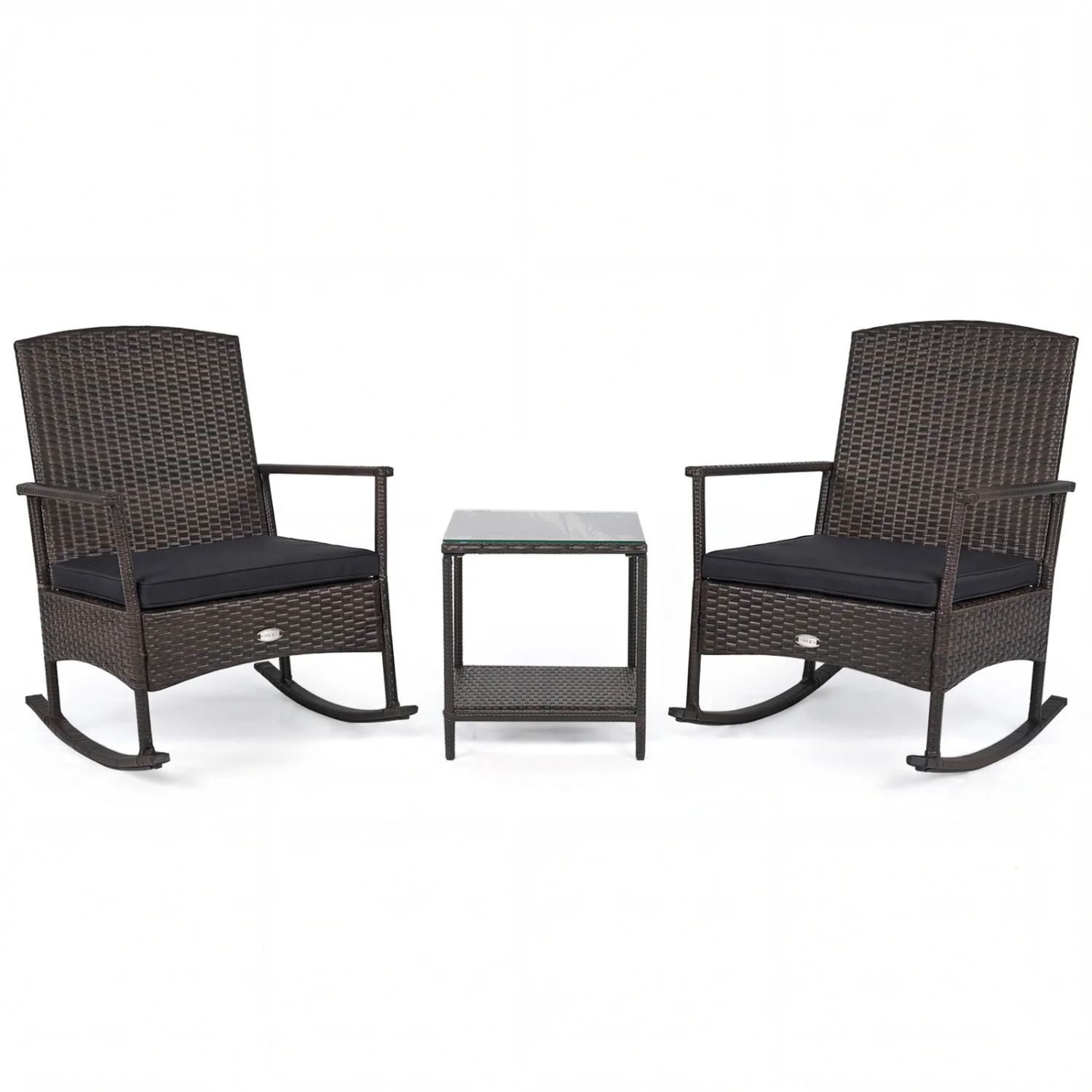 3 Piece Patio Rocking Set, Wicker Rocking Chairs, 2-Tier Coffee Table, Black - Image 2