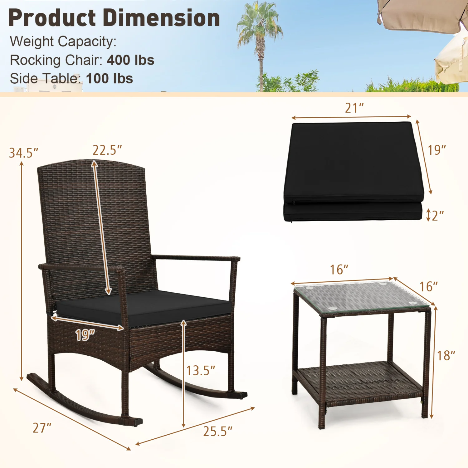 3 Piece Patio Rocking Set, Wicker Rocking Chairs, 2-Tier Coffee Table, Black - Image 3