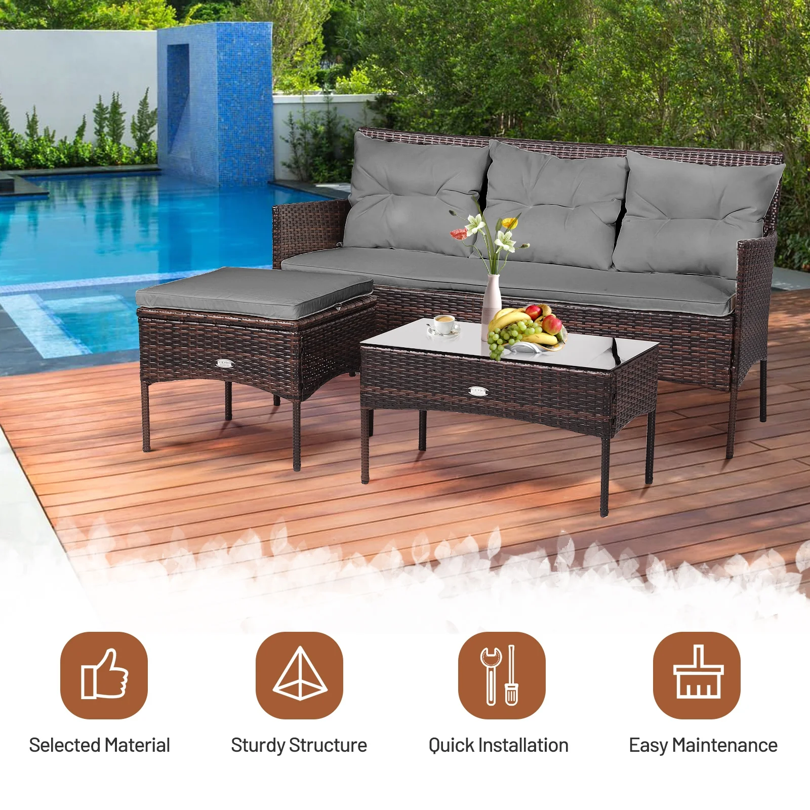 3 Piece Patio Sectional Set, 5 Cushions, Gray - Image 3