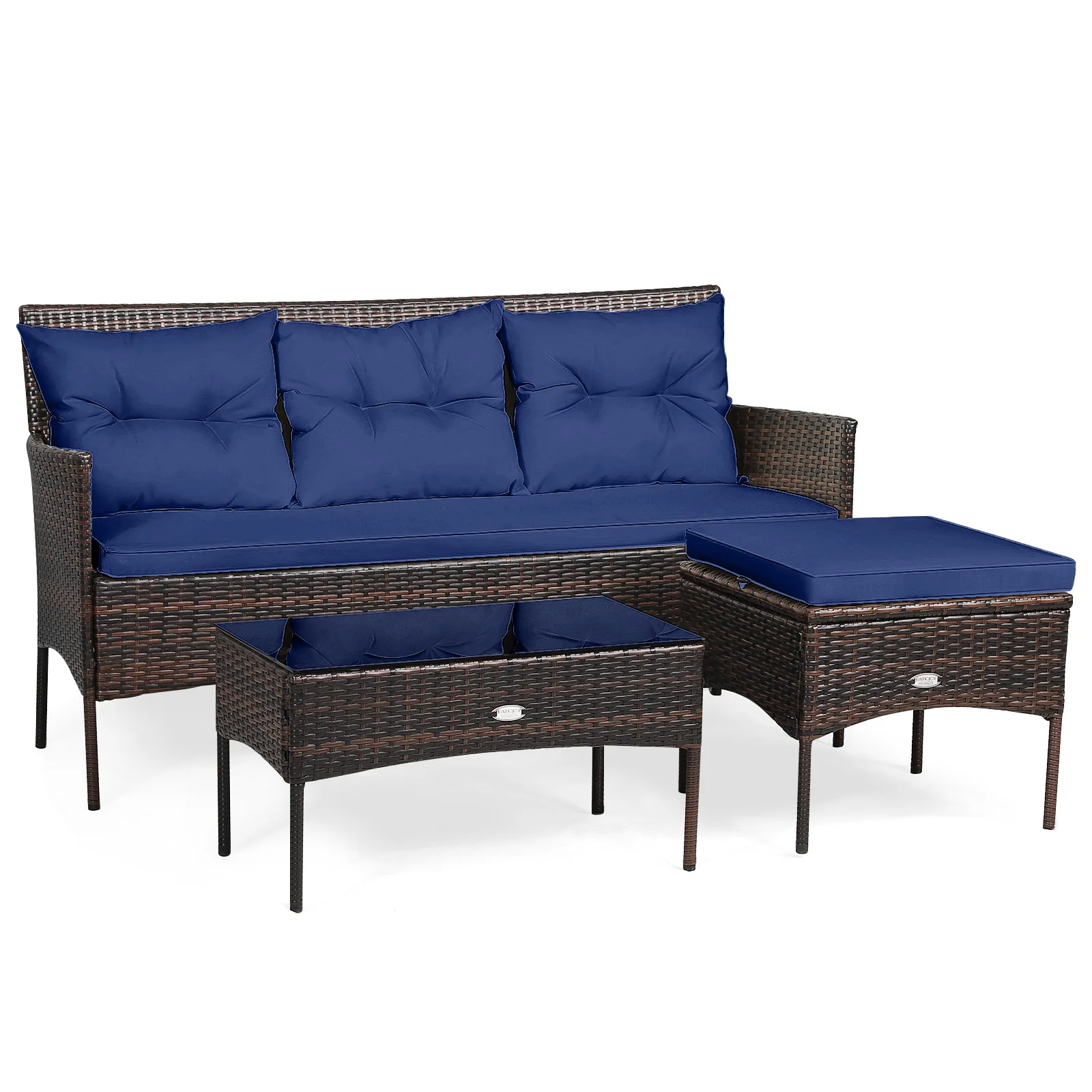 3 Piece Patio Sectional Set, 5 Cushions, Navy