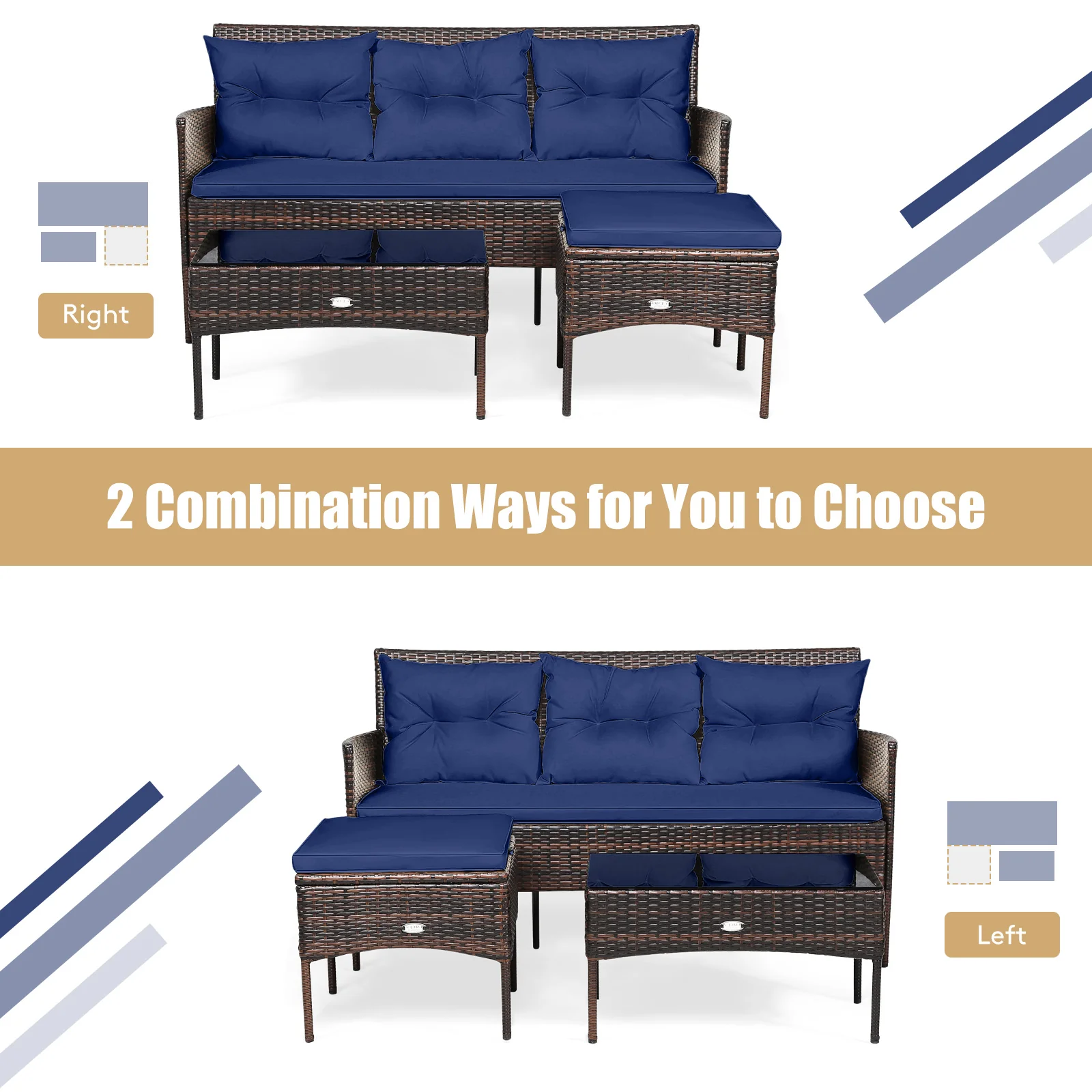3 Piece Patio Sectional Set, 5 Cushions, Navy - Image 10