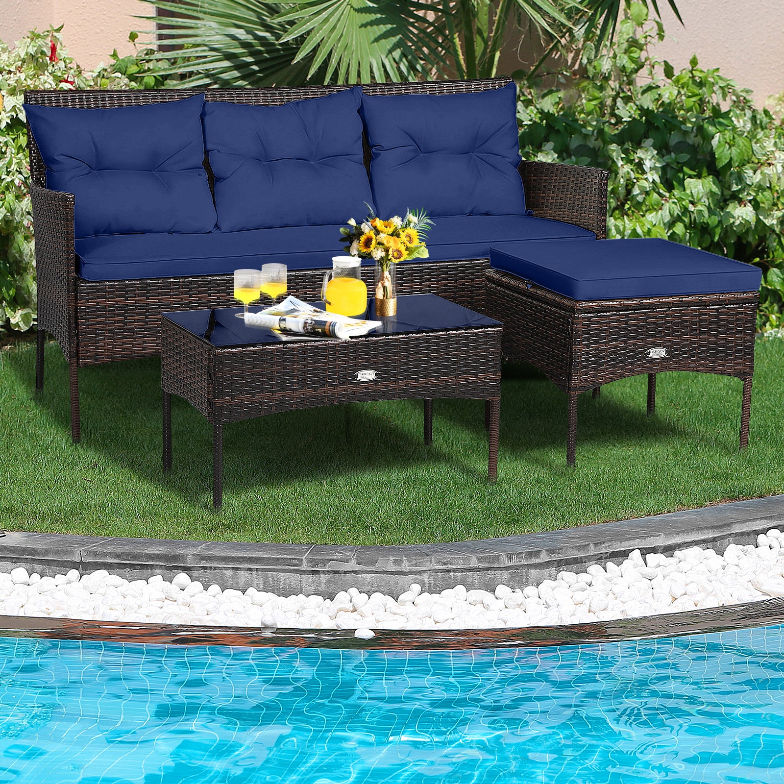 3 Piece Patio Sectional Set, 5 Cushions, Navy - Image 2