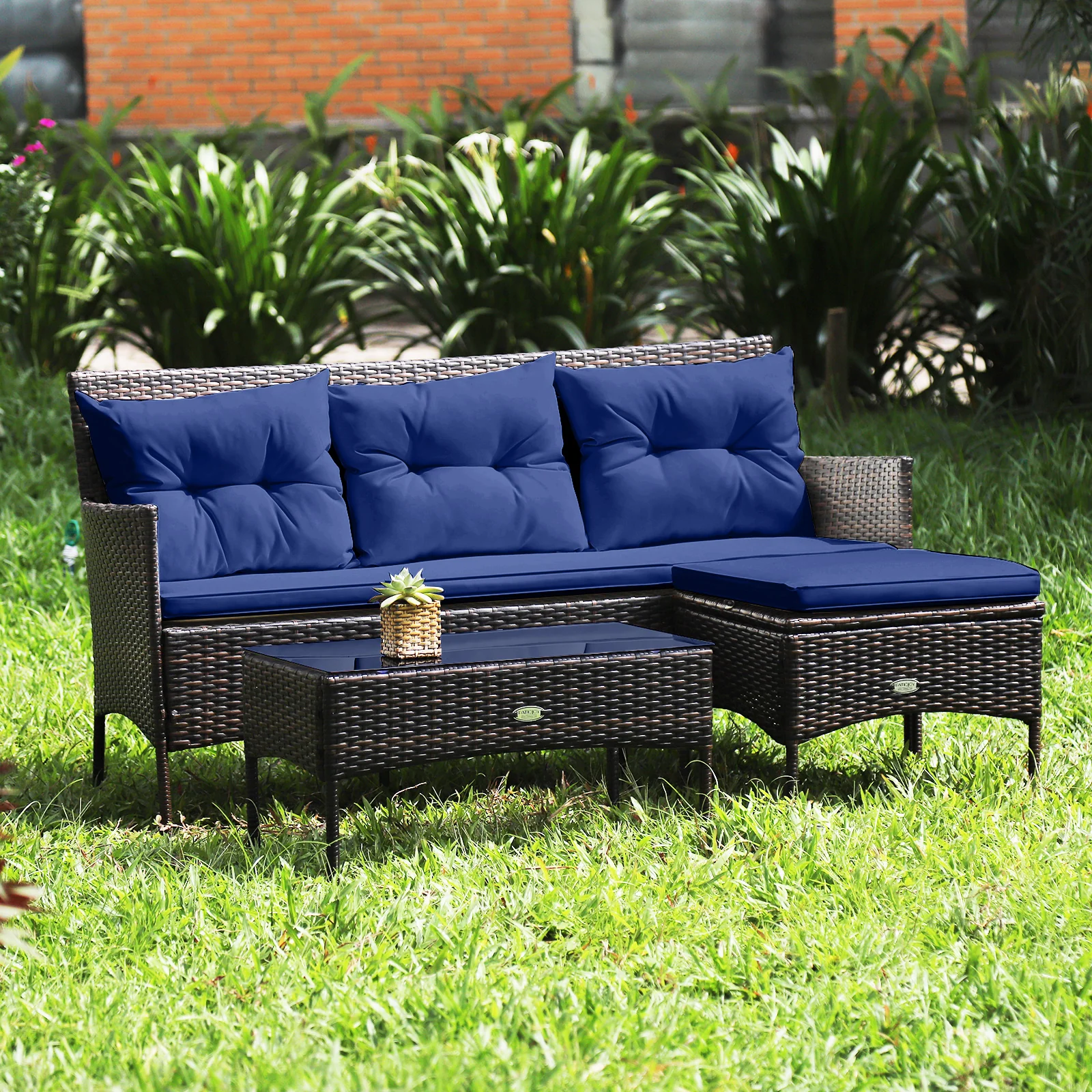 3 Piece Patio Sectional Set, 5 Cushions, Navy - Image 3