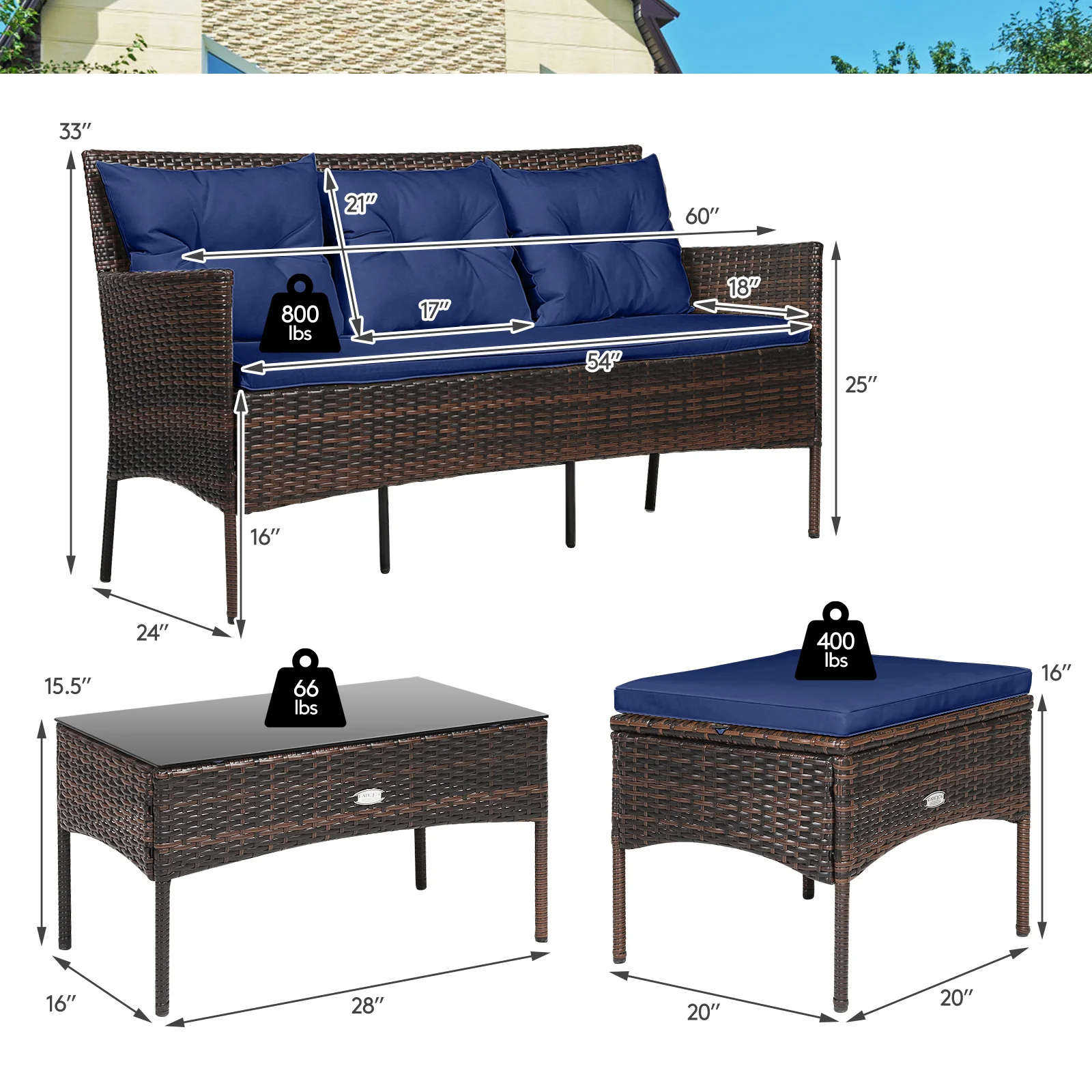 3 Piece Patio Sectional Set, 5 Cushions, Navy - Image 6
