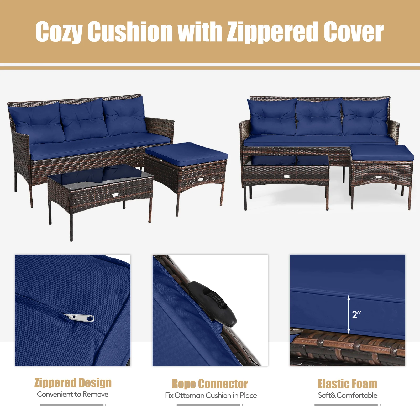 3 Piece Patio Sectional Set, 5 Cushions, Navy - Image 8
