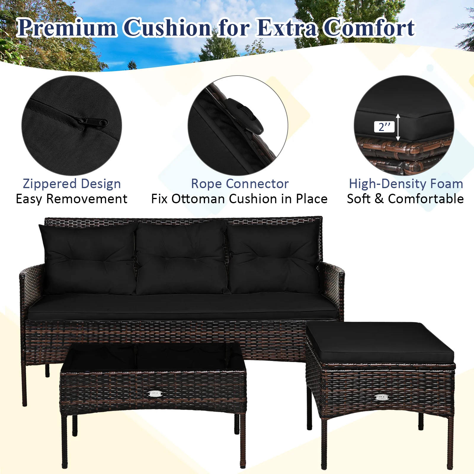 3 Piece Patio Sectional Set, With 5 Cushions, Black - Image 10