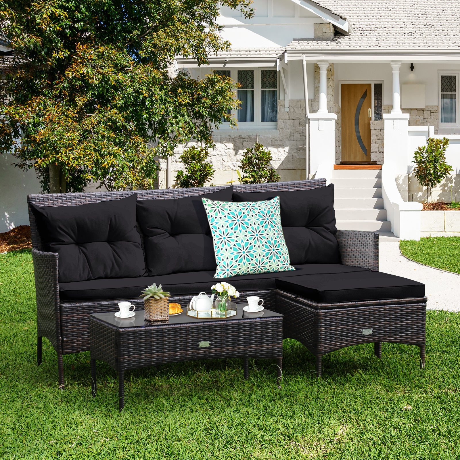 3 Piece Patio Sectional Set, With 5 Cushions, Black - Image 2