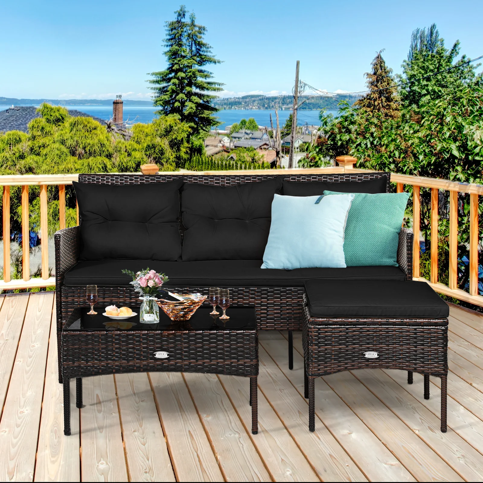 3 Piece Patio Sectional Set, With 5 Cushions, Black - Image 3