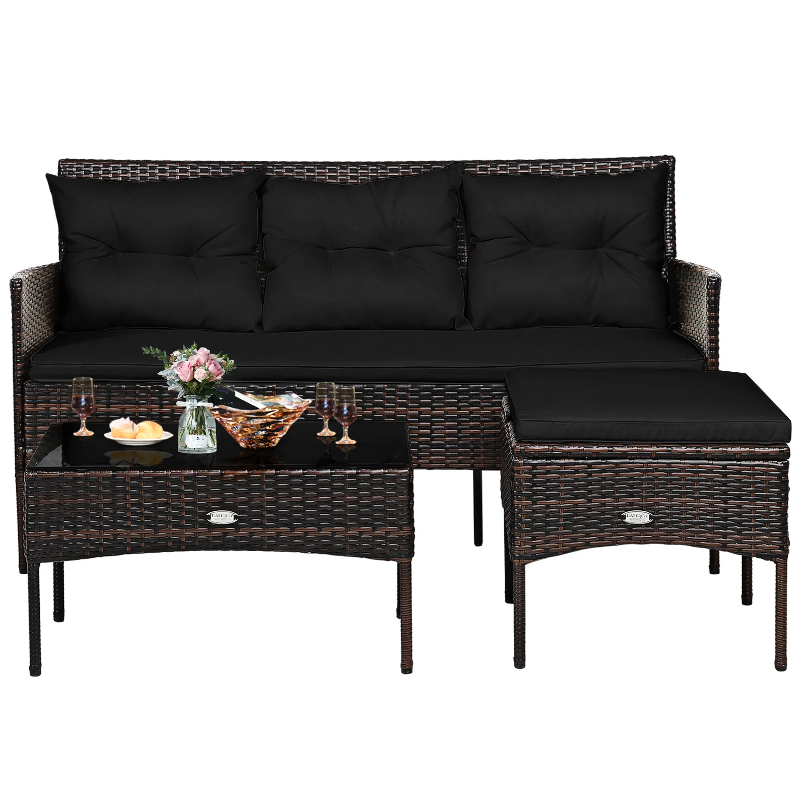 3 Piece Patio Sectional Set, With 5 Cushions, Black - Image 5