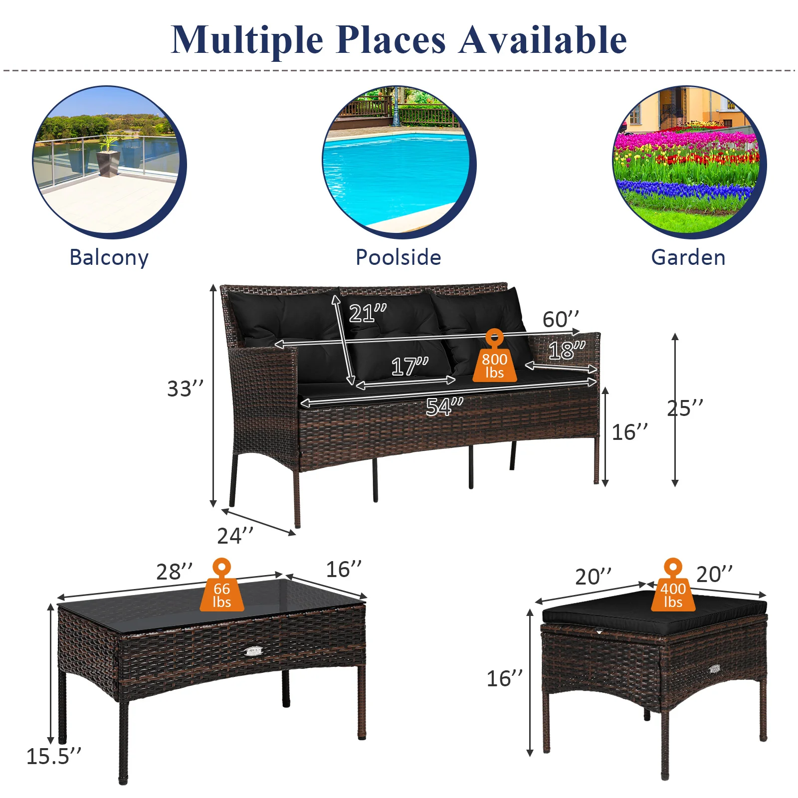 3 Piece Patio Sectional Set, With 5 Cushions, Black - Image 6