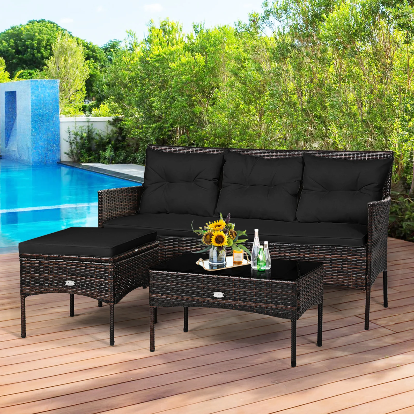 3 Piece Patio Sectional Set, With 5 Cushions, Black - Image 7