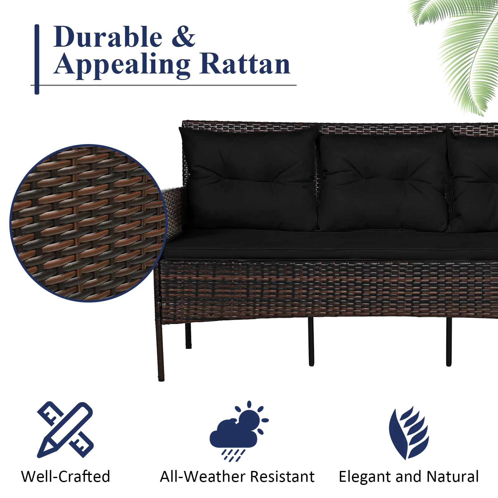 3 Piece Patio Sectional Set, With 5 Cushions, Black - Image 9