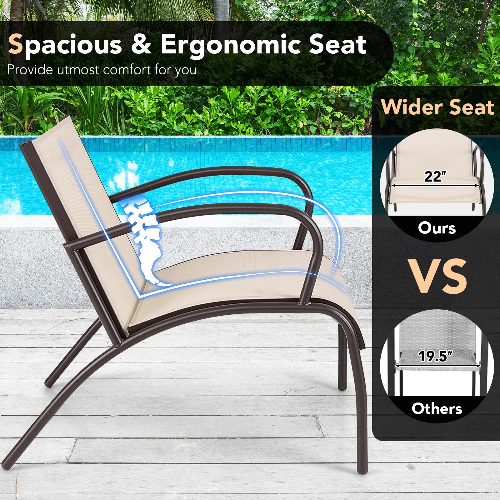 3 Piece Patio Set, Metal Aluminum, Wide Armchair And Table, Brown - Image 10