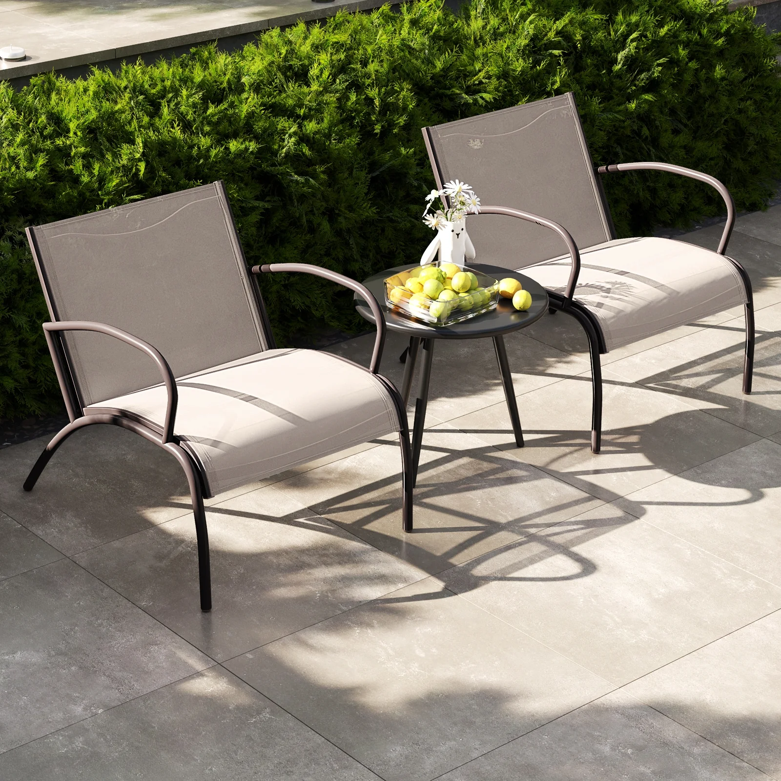 3 Piece Patio Set, Metal Aluminum, Wide Armchair And Table, Brown - Image 2