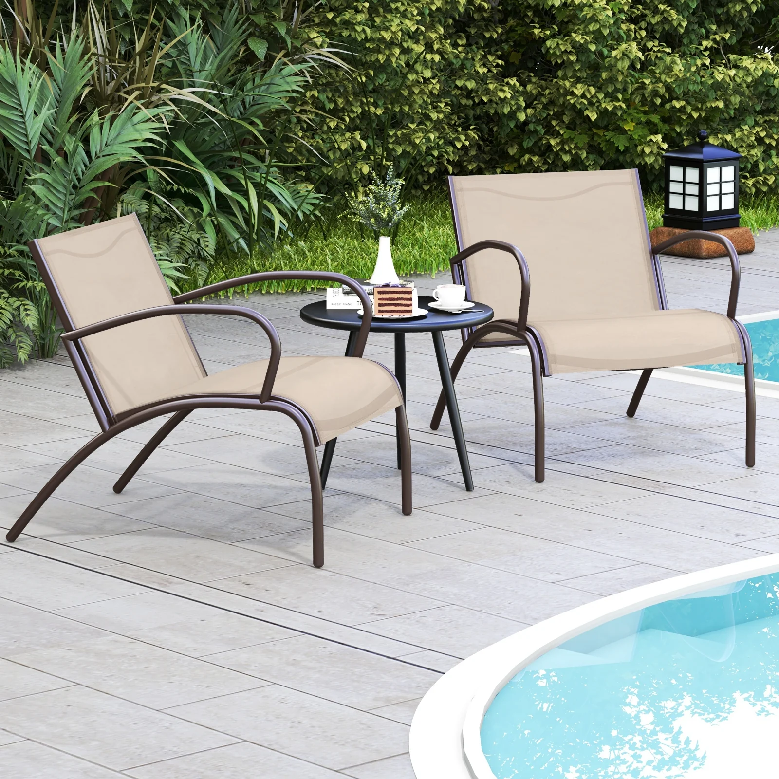 3 Piece Patio Set, Metal Aluminum, Wide Armchair And Table, Brown - Image 3