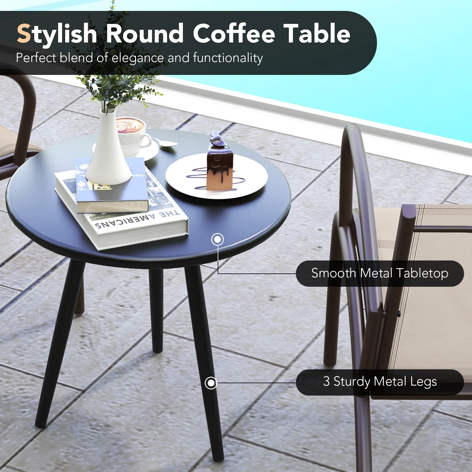 3 Piece Patio Set, Metal Aluminum, Wide Armchair And Table, Brown - Image 9