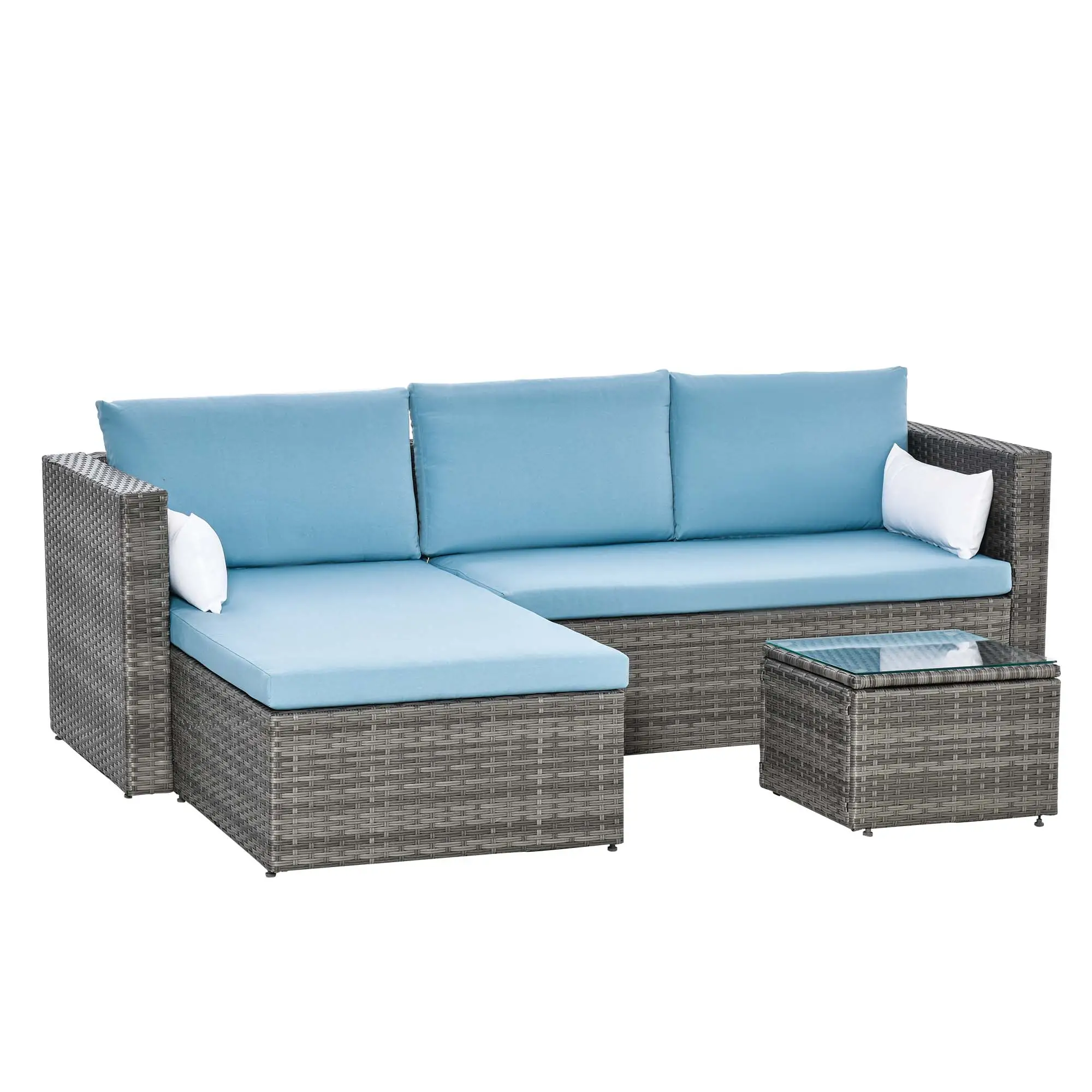 3-Piece Patio Set, Modern Sectional Sofa, Wicker Chair, Blue