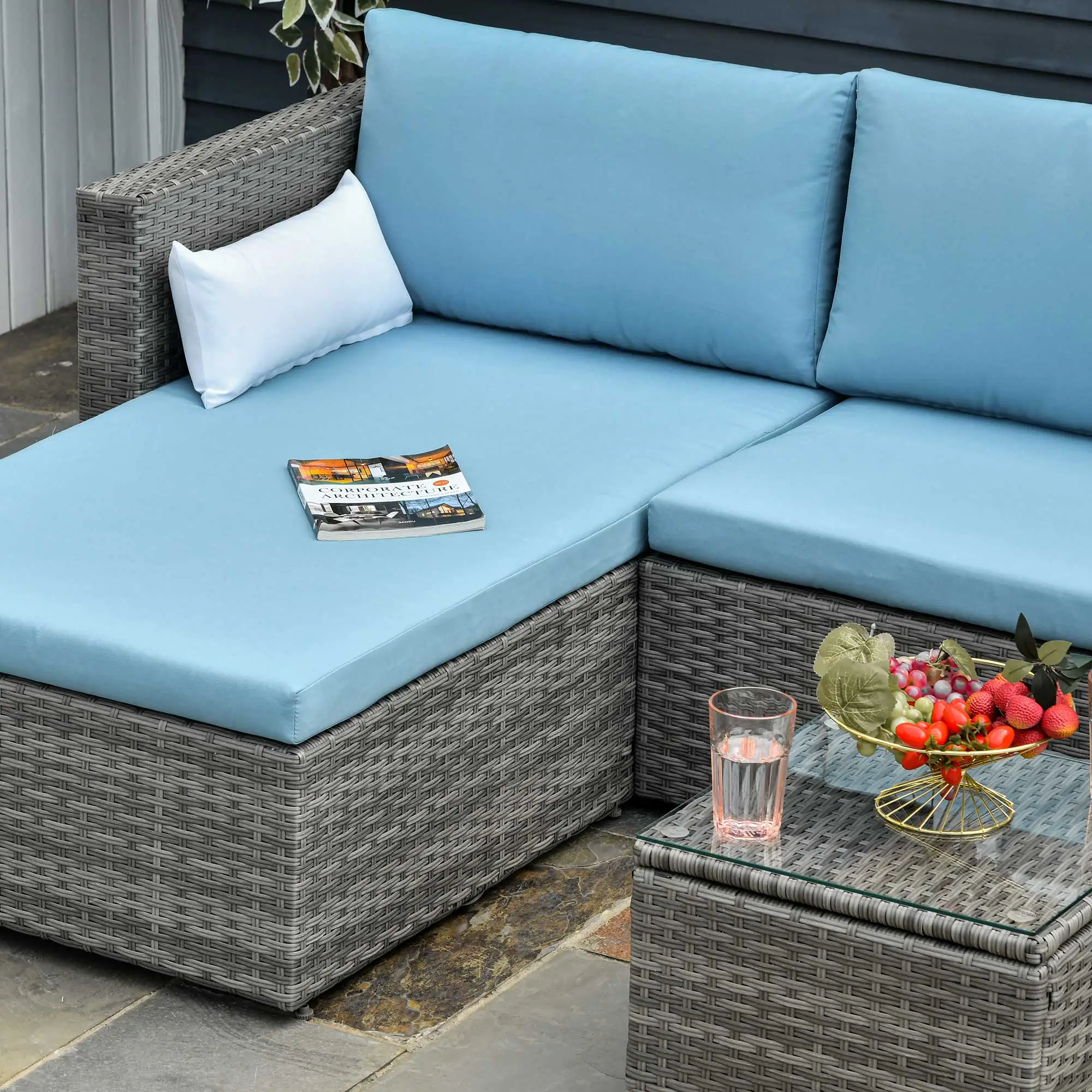 3-Piece Patio Set, Modern Sectional Sofa, Wicker Chair, Blue - Image 10