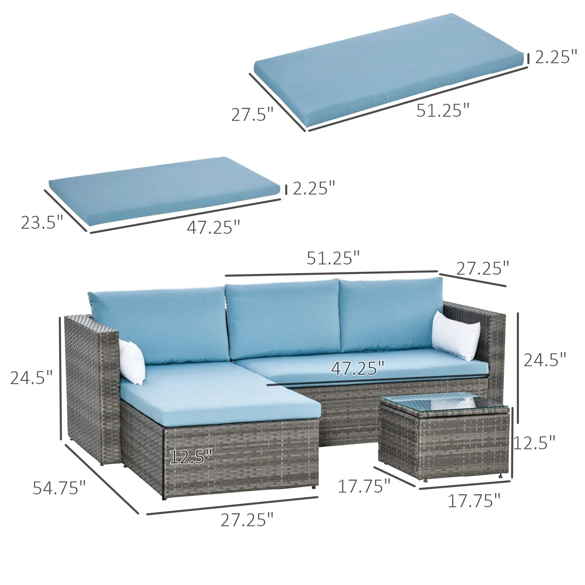 3-Piece Patio Set, Modern Sectional Sofa, Wicker Chair, Blue - Image 3