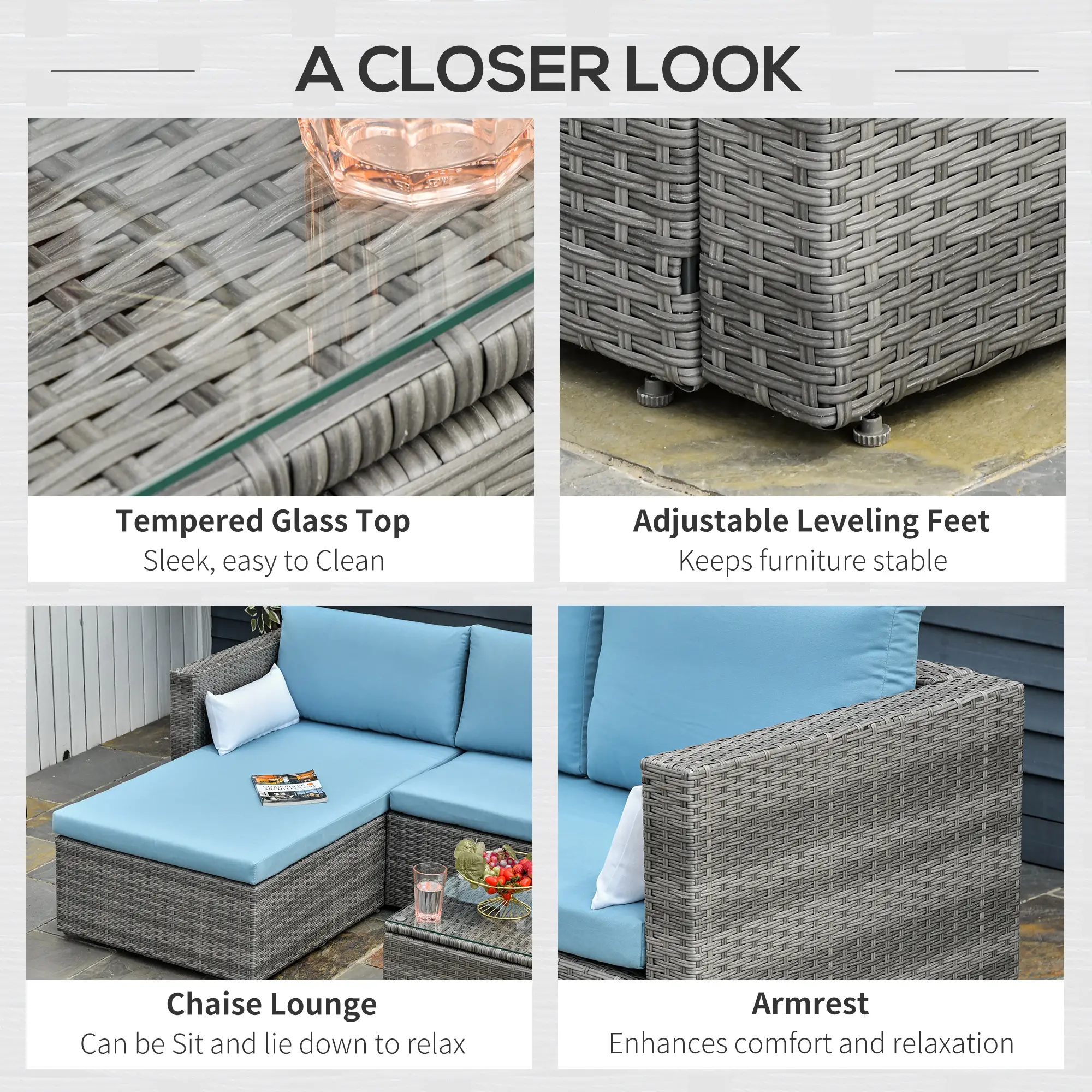 3-Piece Patio Set, Modern Sectional Sofa, Wicker Chair, Blue - Image 6