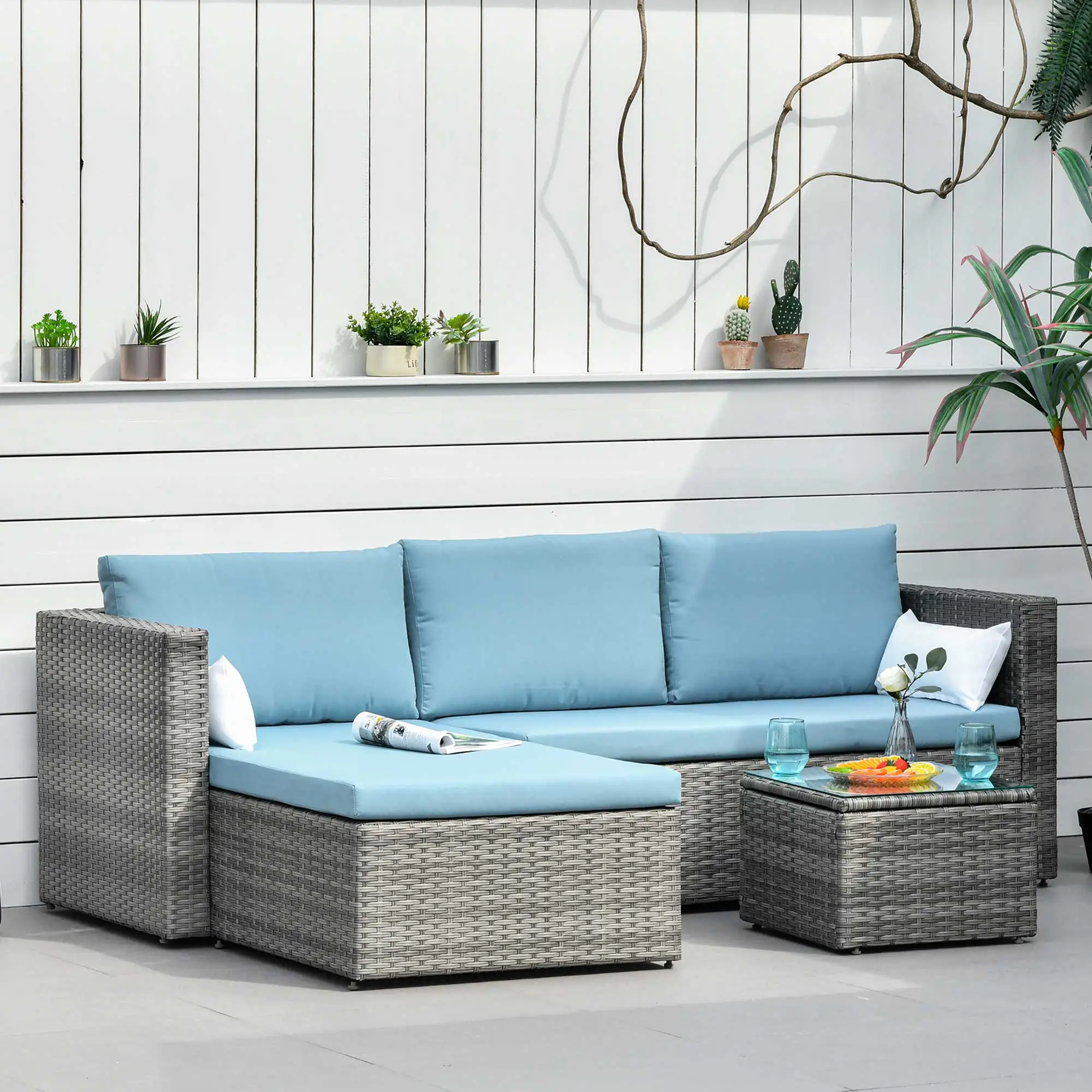 3-Piece Patio Set, Modern Sectional Sofa, Wicker Chair, Blue - Image 8