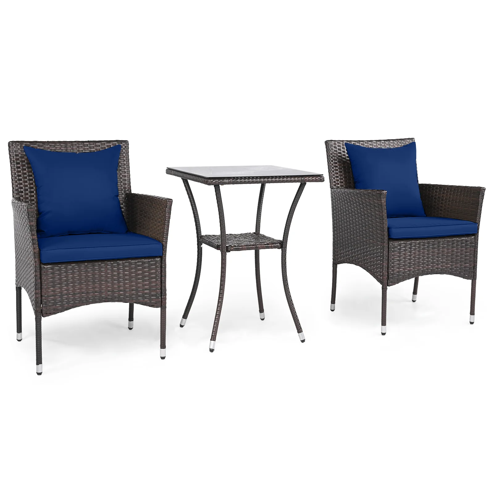 3-Piece Patio Set, Rattan Bistro Chairs, 2-Tier Tempered Glass Table, Navy - Image 4
