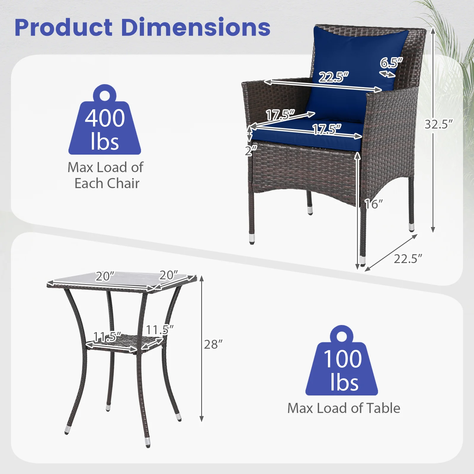 3-Piece Patio Set, Rattan Bistro Chairs, 2-Tier Tempered Glass Table, Navy - Image 5