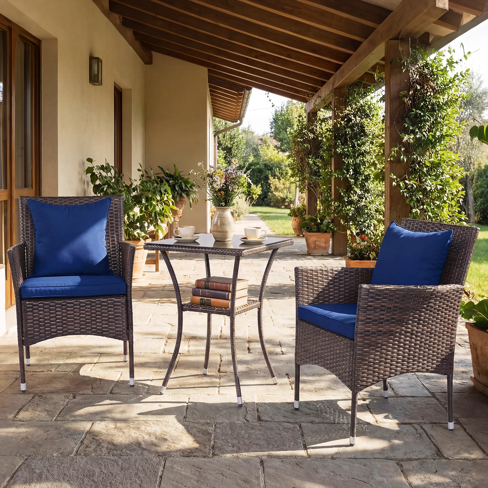 3-Piece Patio Set, Rattan Bistro Chairs, 2-Tier Tempered Glass Table, Navy - Image 6