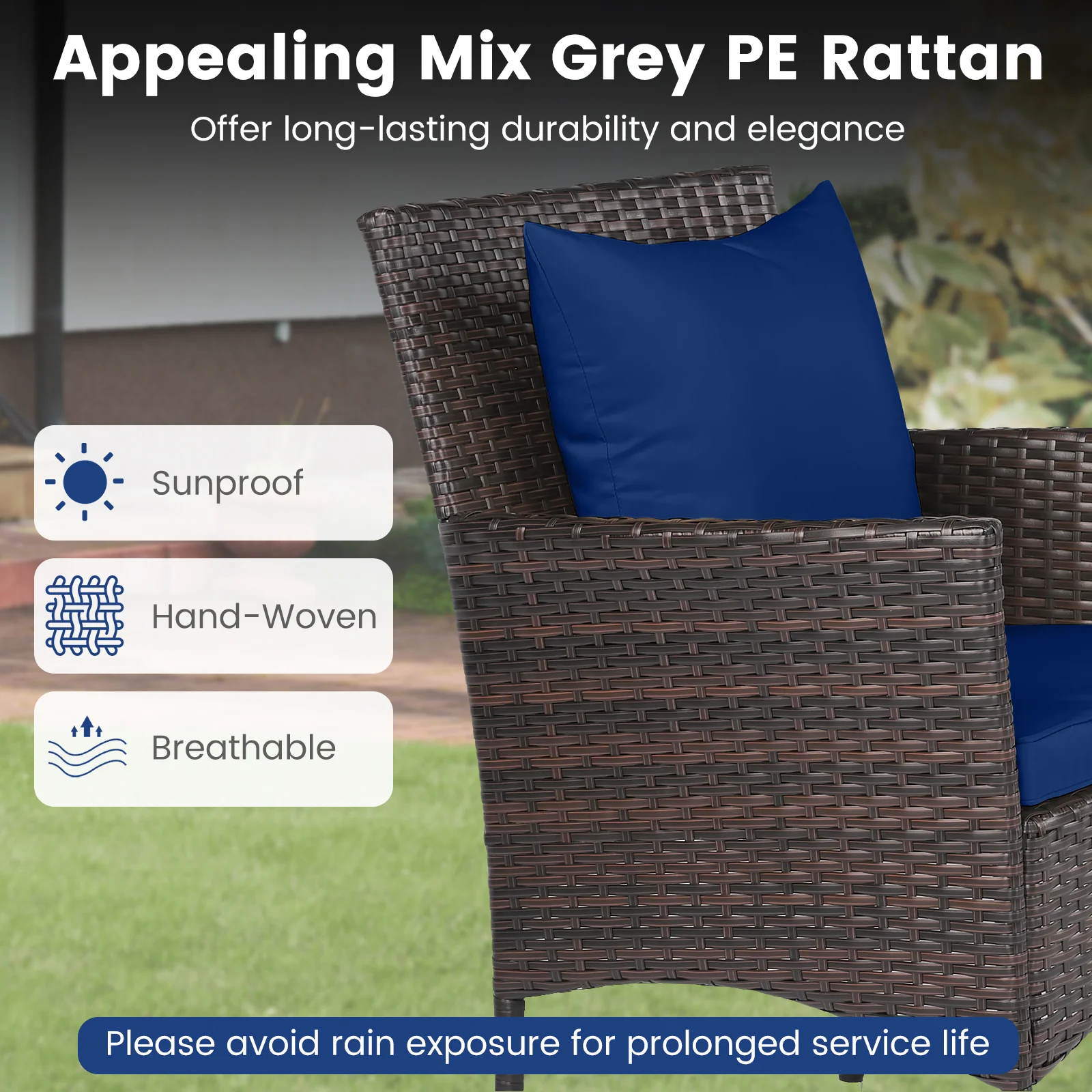 3-Piece Patio Set, Rattan Bistro Chairs, 2-Tier Tempered Glass Table, Navy - Image 7