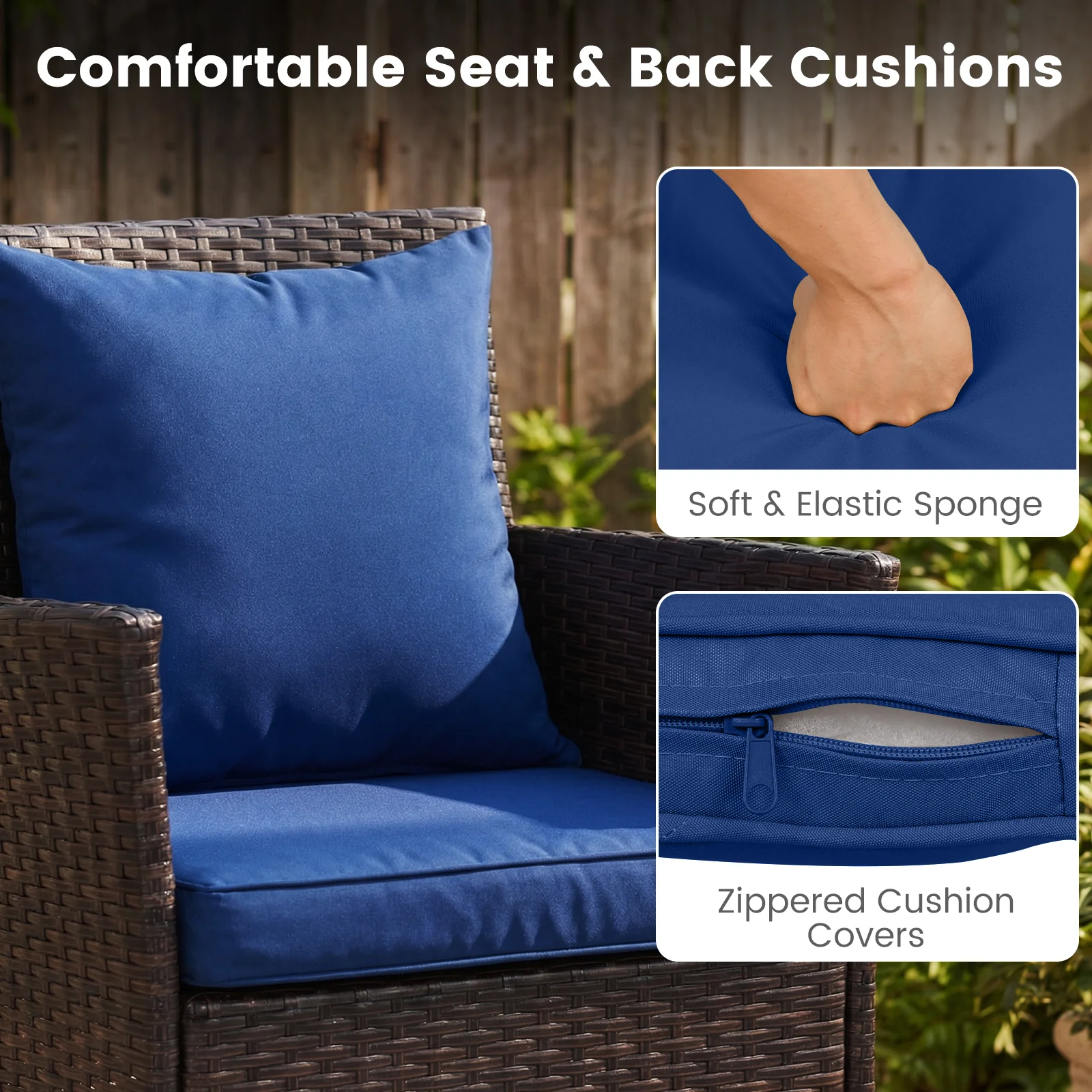 3-Piece Patio Set, Rattan Bistro Chairs, 2-Tier Tempered Glass Table, Navy - Image 9