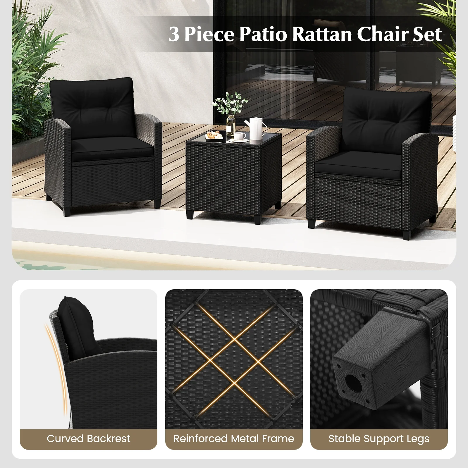 3 Piece Patio Set, Tempered Glass Coffee Table, Black - Image 10