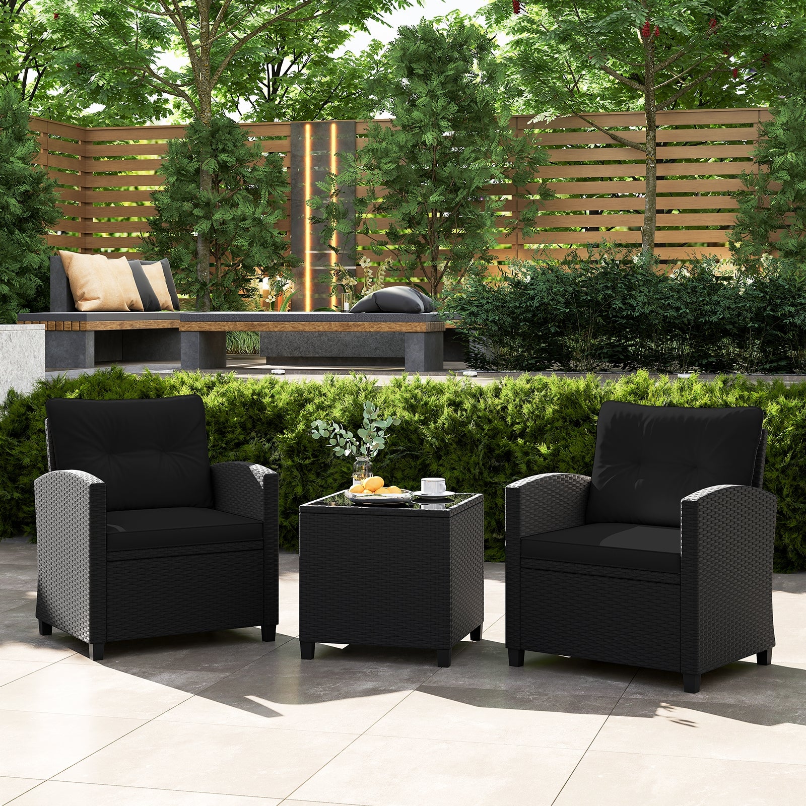 3 Piece Patio Set, Tempered Glass Coffee Table, Black - Image 2