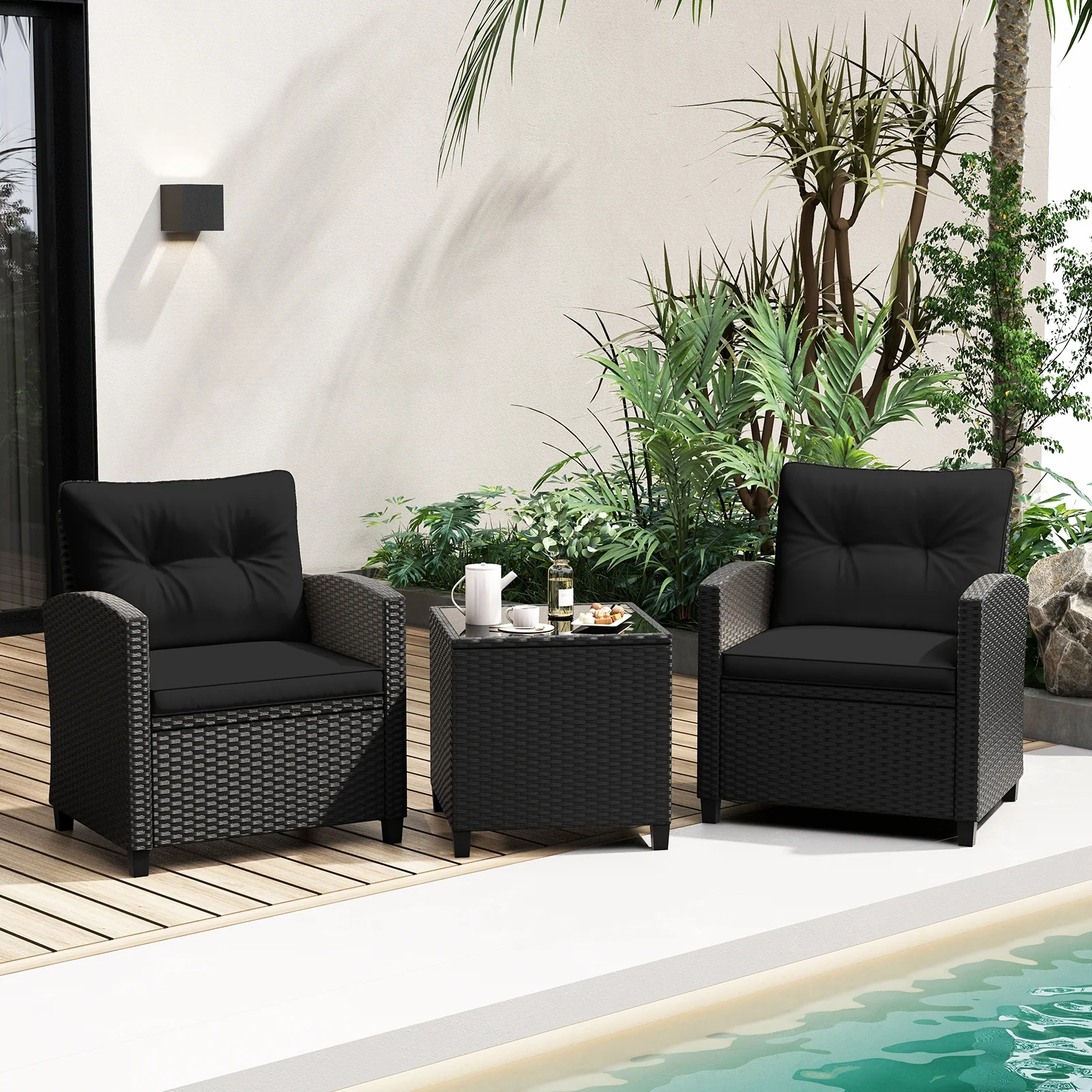 3 Piece Patio Set, Tempered Glass Coffee Table, Black - Image 3