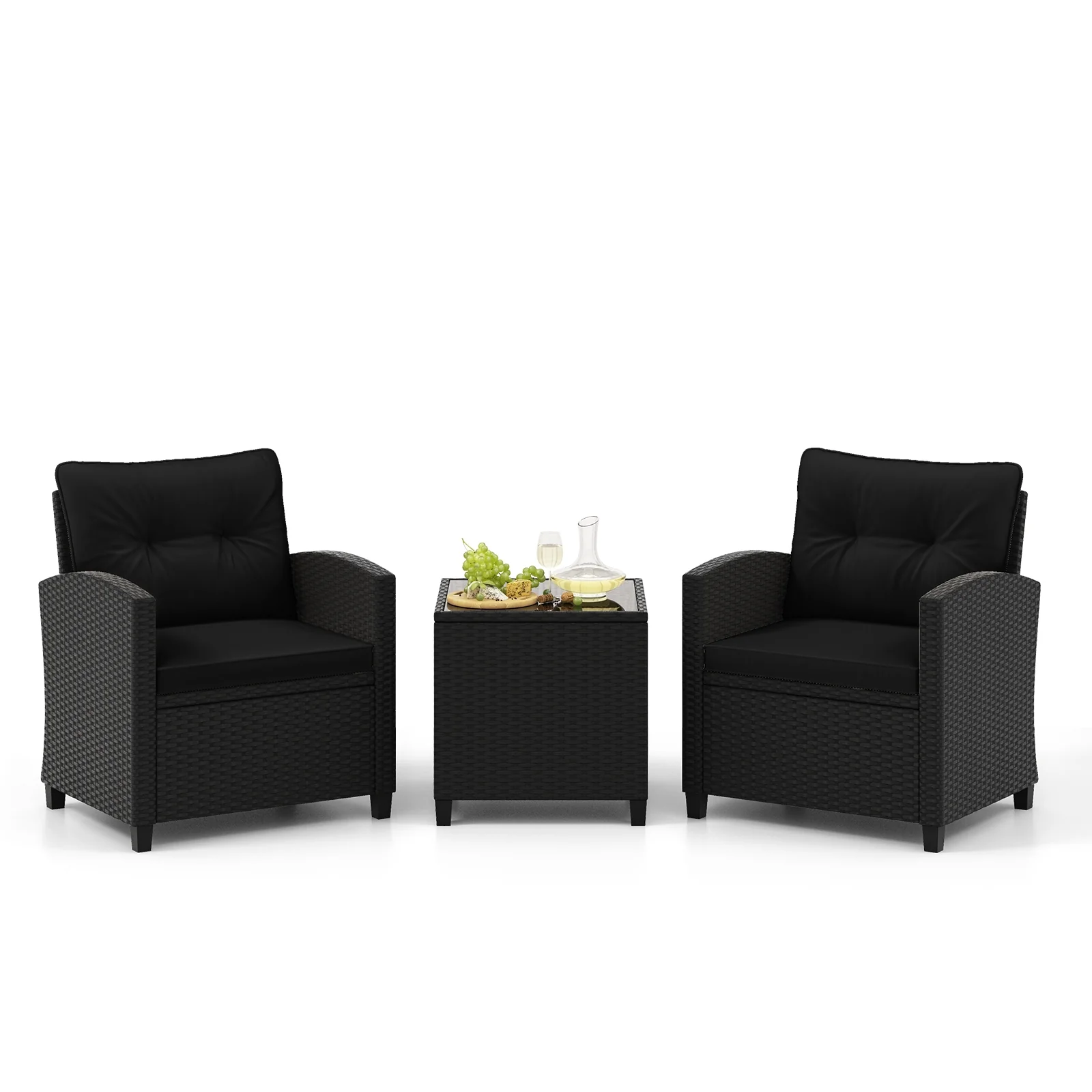 3 Piece Patio Set, Tempered Glass Coffee Table, Black - Image 5