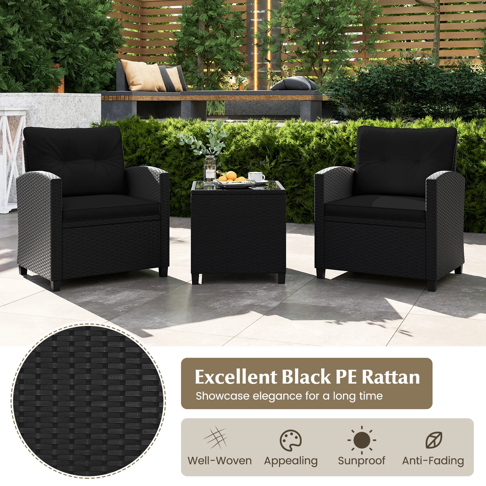3 Piece Patio Set, Tempered Glass Coffee Table, Black - Image 7