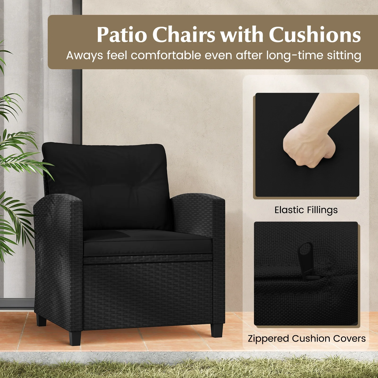 3 Piece Patio Set, Tempered Glass Coffee Table, Black - Image 8