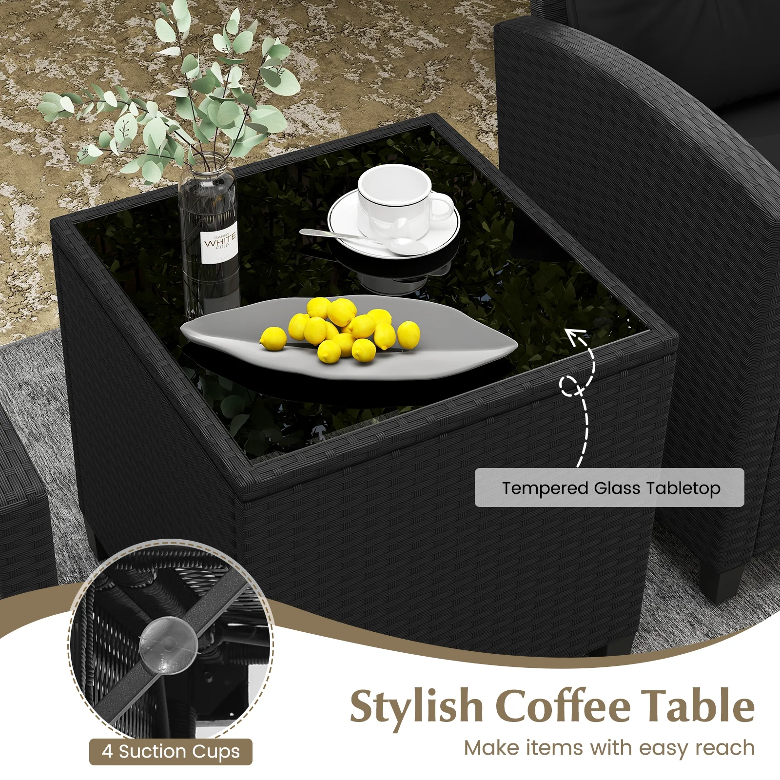 3 Piece Patio Set, Tempered Glass Coffee Table, Black - Image 9
