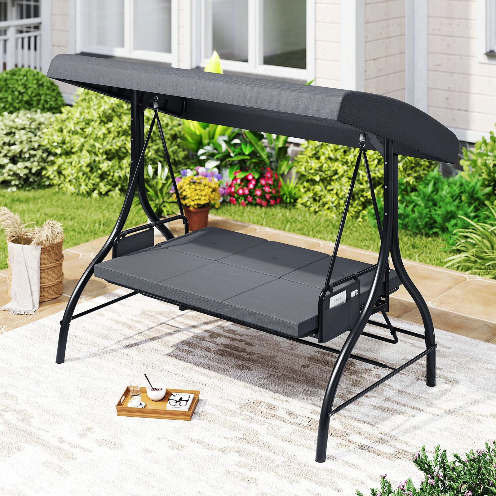 3-Piece Patio Swing, Canopy, Removable Cushions, Side Pockets, Gray - Image 3