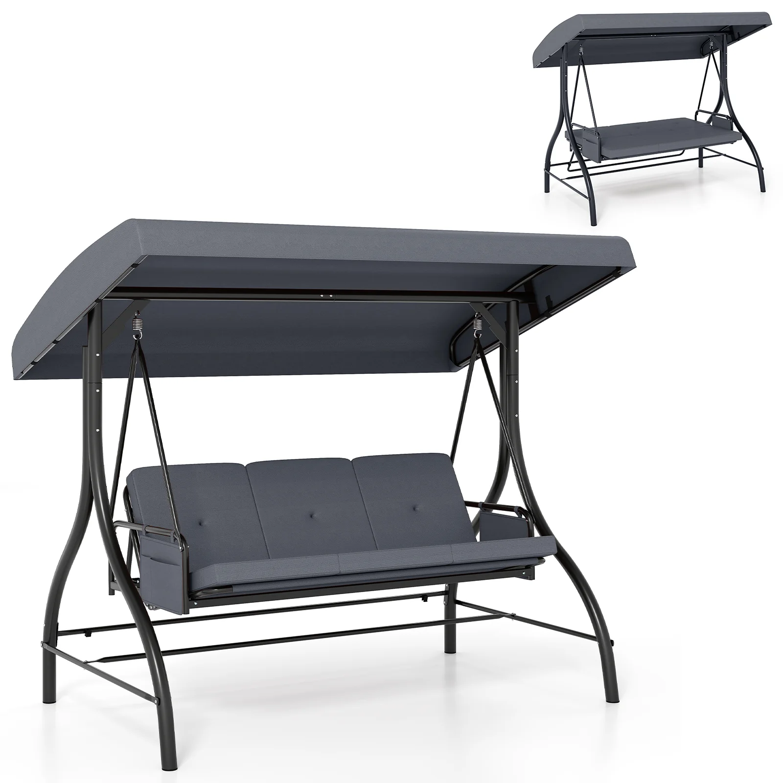 3-Piece Patio Swing, Canopy, Removable Cushions, Side Pockets, Gray - Image 5