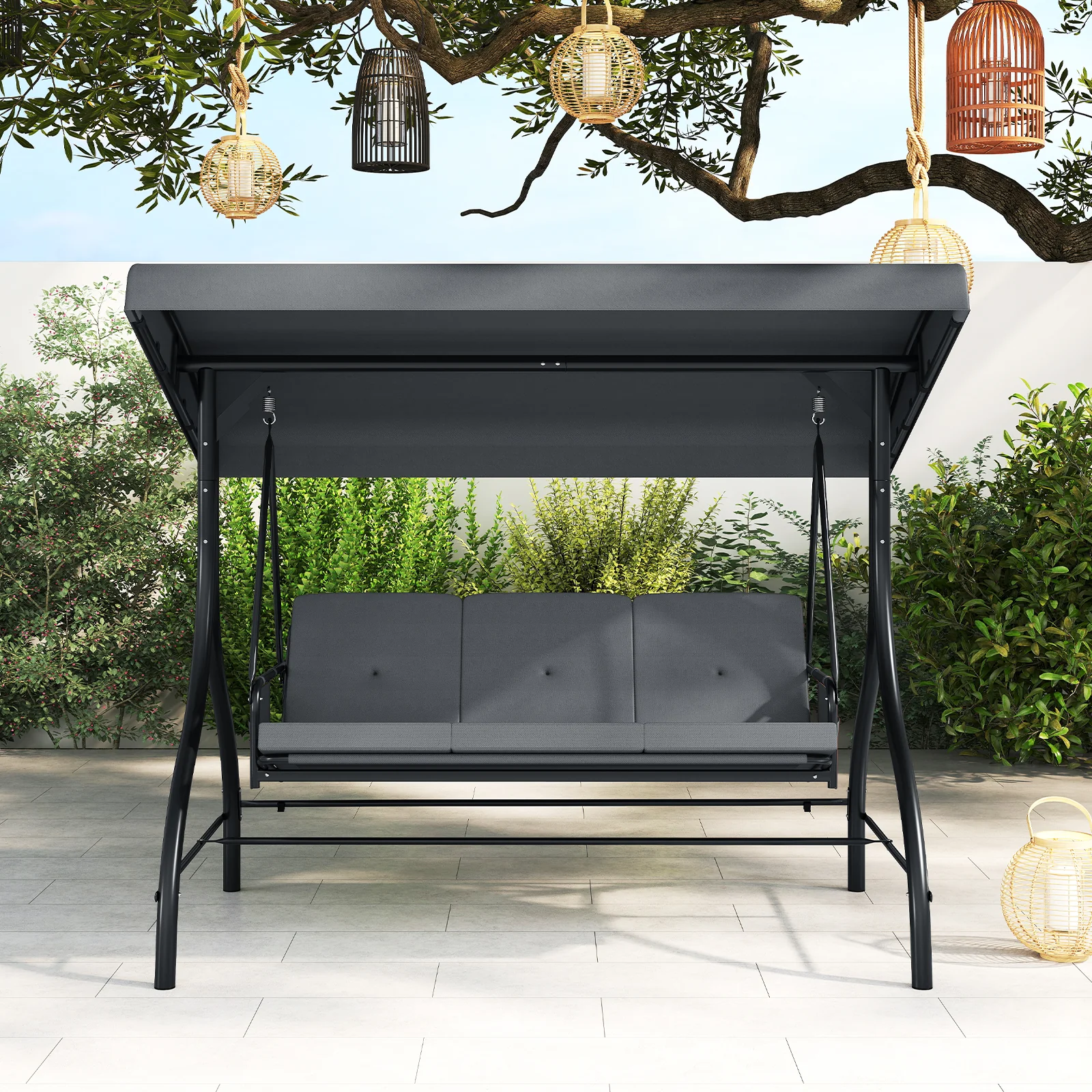 3-Piece Patio Swing, Canopy, Removable Cushions, Side Pockets, Gray - Image 7