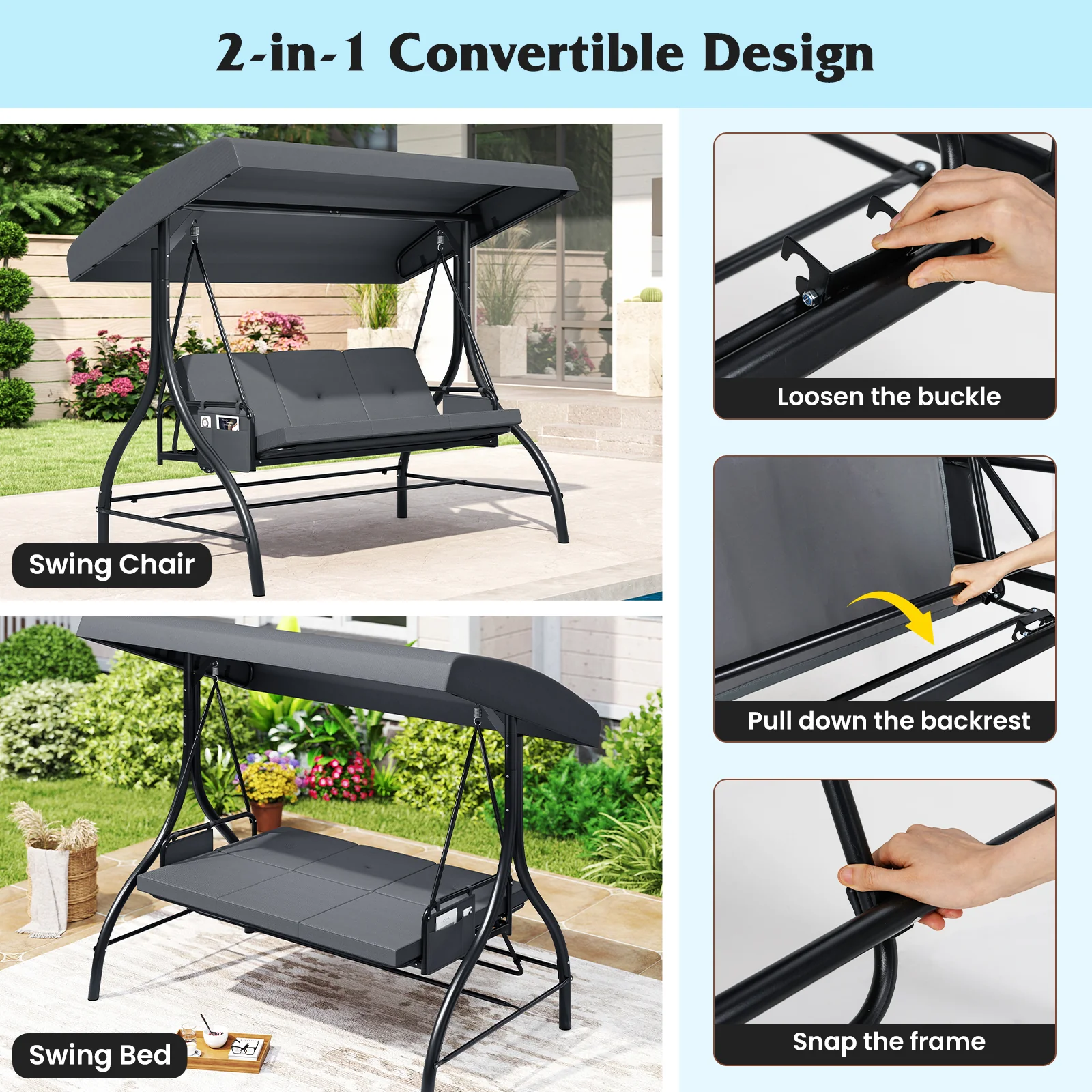 3-Piece Patio Swing, Canopy, Removable Cushions, Side Pockets, Gray - Image 9