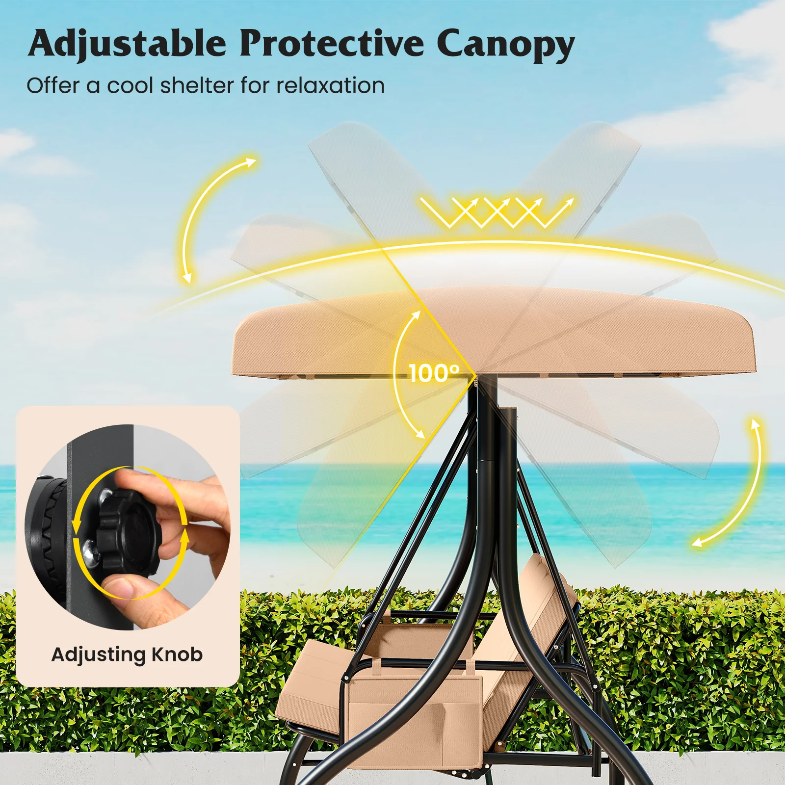 3-Piece Patio Swing With Canopy, Removable Cushions, Side Pockets, Beige - Image 8