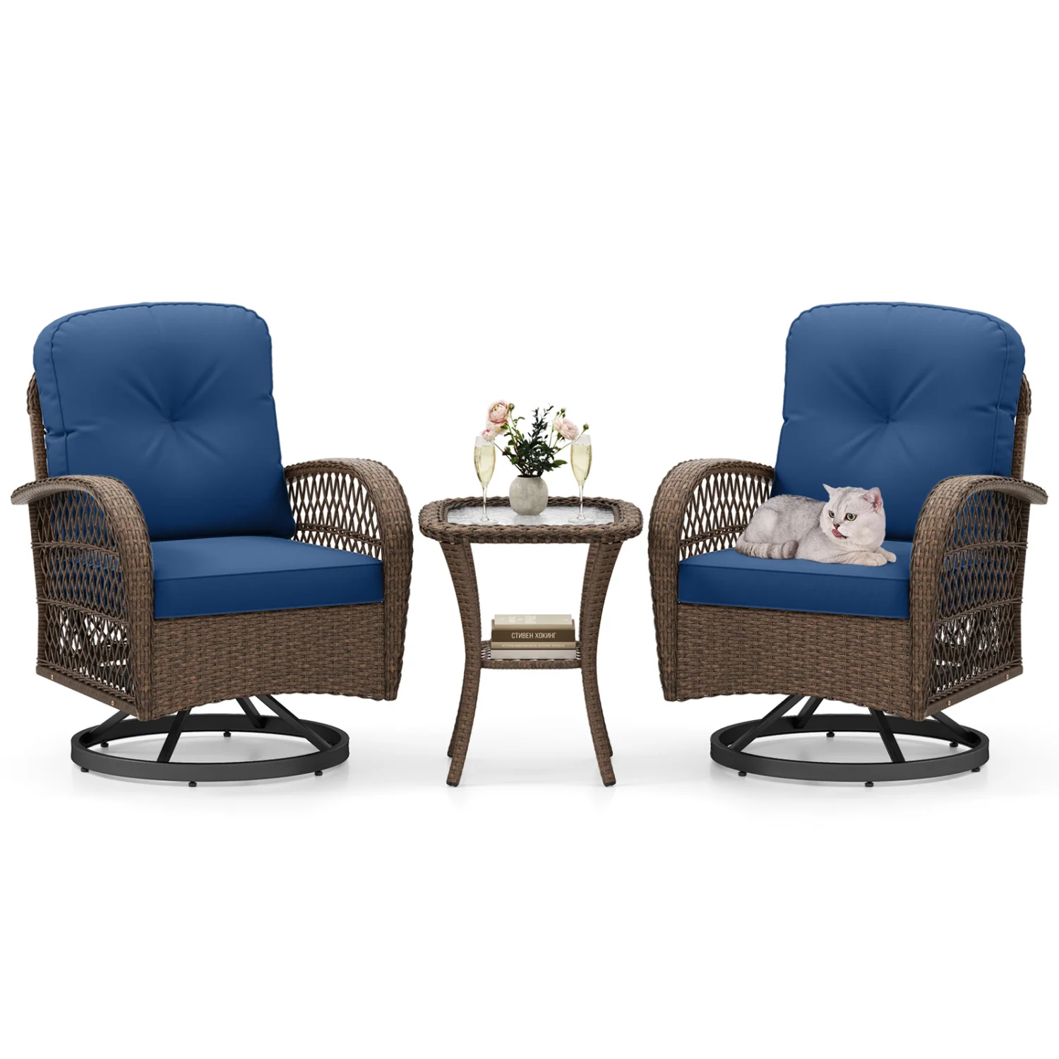 3-Piece Patio Swivel Rocker Set, Navy - Image 4