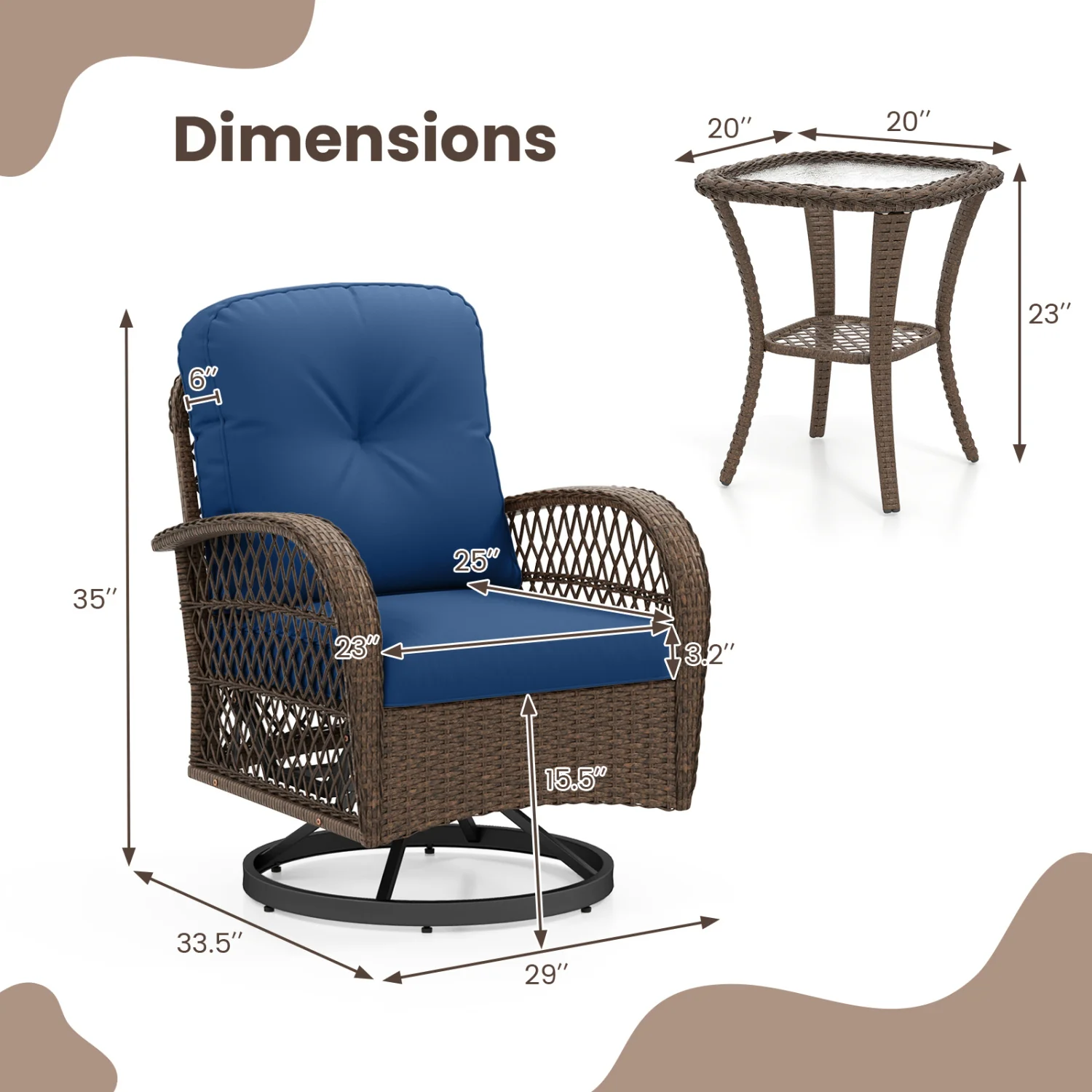 3-Piece Patio Swivel Rocker Set, Navy - Image 5